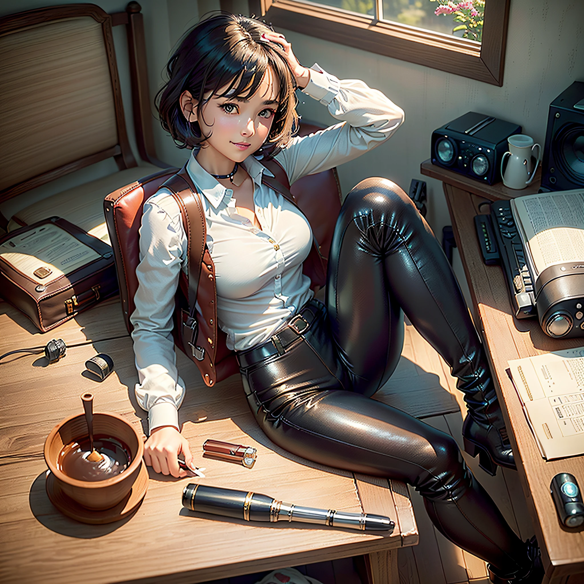 (masterpiece, highest quality, highest resolution, distinct_image, very elaborate CG, cinematic lighting, ray tracing, drop shadows, detailed detail, (photorealistic: 1.4), high quality textures, fine-grained, realistic face expression): (lone girl, face is Japan, brown short hair, hair tied back, small size breasts, sparkly eyes, eye level shots, happy smiles, beauty, slim body, holiday, own room, console games, computer, display, keyboard, mouse, long leather pants, white shirt with collar, leather vest, cardian, baseball cap, handgun holder, leather bag on back, long boots, antique radio, coffee, Model Train, Bookcase, Wooden Chair, Pot, Fan, Painting, Stuffed Animal, Tie, Notebook, Stationery, Vase, Photo Frame, Letter, Fountain Pen, Calendar, Lamp, Cushion, Basket, Profile Mirror, Candle, Newspaper, Sweets, Park View Outside the Window, Telephone, Fruit, Telescope, Retro TV)
