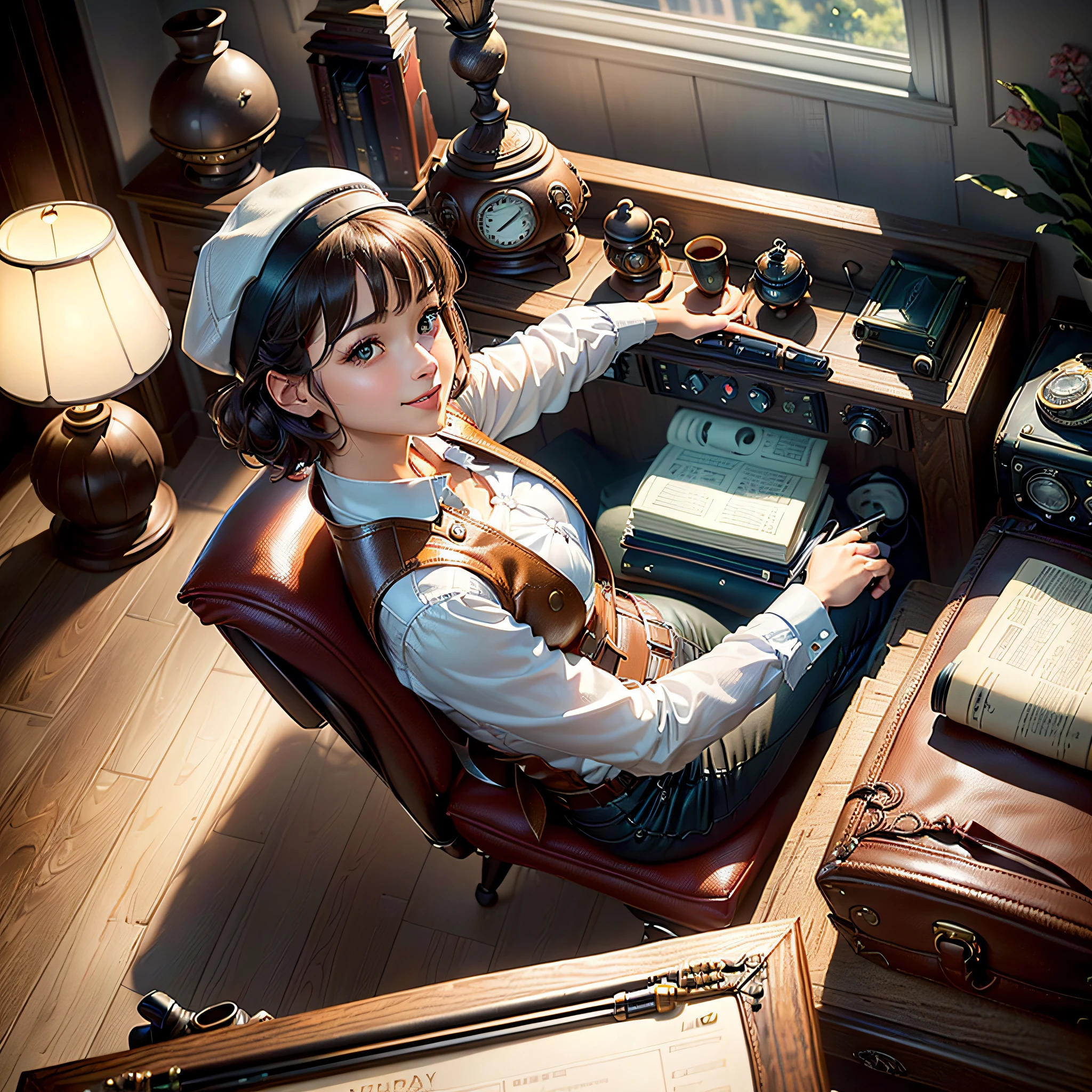 (masterpiece, highest quality, highest resolution, distinct_image, very elaborate CG, cinematic lighting, ray tracing, drop shadows, detailed detail, (photorealistic: 1.4), high quality textures, fine-grained, realistic face expression): (lone girl, face is Japan, brown short hair, hair tied back, small size breasts, sparkly eyes, eye level shots, happy smiles, beauty, slim body, holiday, own room, console games, computer, display, keyboard, mouse, long leather pants, white shirt with collar, leather vest, cardian, baseball cap, handgun holder, leather bag on back, long boots, antique radio, coffee, Model Train, Bookcase, Wooden Chair, Pot, Fan, Painting, Stuffed Animal, Tie, Notebook, Stationery, Vase, Photo Frame, Letter, Fountain Pen, Calendar, Lamp, Cushion, Basket, Profile Mirror, Candle, Newspaper, Sweets, Park View Outside the Window, Telephone, Fruit, Telescope, Retro TV)