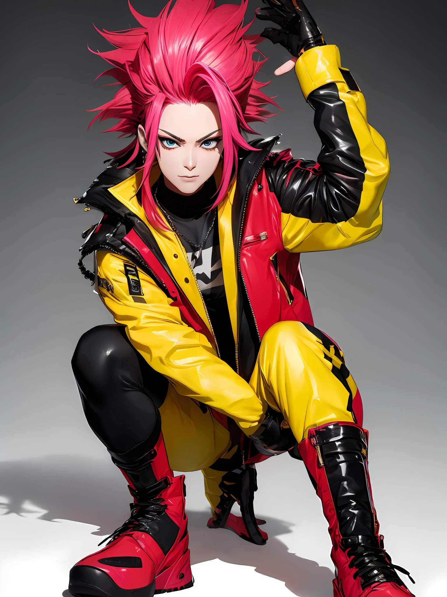 official art, unity 8k wallpaper, ultra detailed, solo, 1boy, male_focus, masterpiece, best quality, Hideto Matsumoto,multicolored hair, red hair, pink hair, black hair, squatting, looking at viewer, full body, long sleeves, lips, pink hair, gloves, brown eyes, yellow bodysuit, short hair, yellow pants, closed mouth, boots, jacket, spiked hair, yellow jacket, pants, shoes, red footwear, perfect skin, detailed face, detailed eyes, shiny skin, textured skin, tonemapping, side lighting, rim lighting, good proportions, good anatomy, (highest quality, award winning)