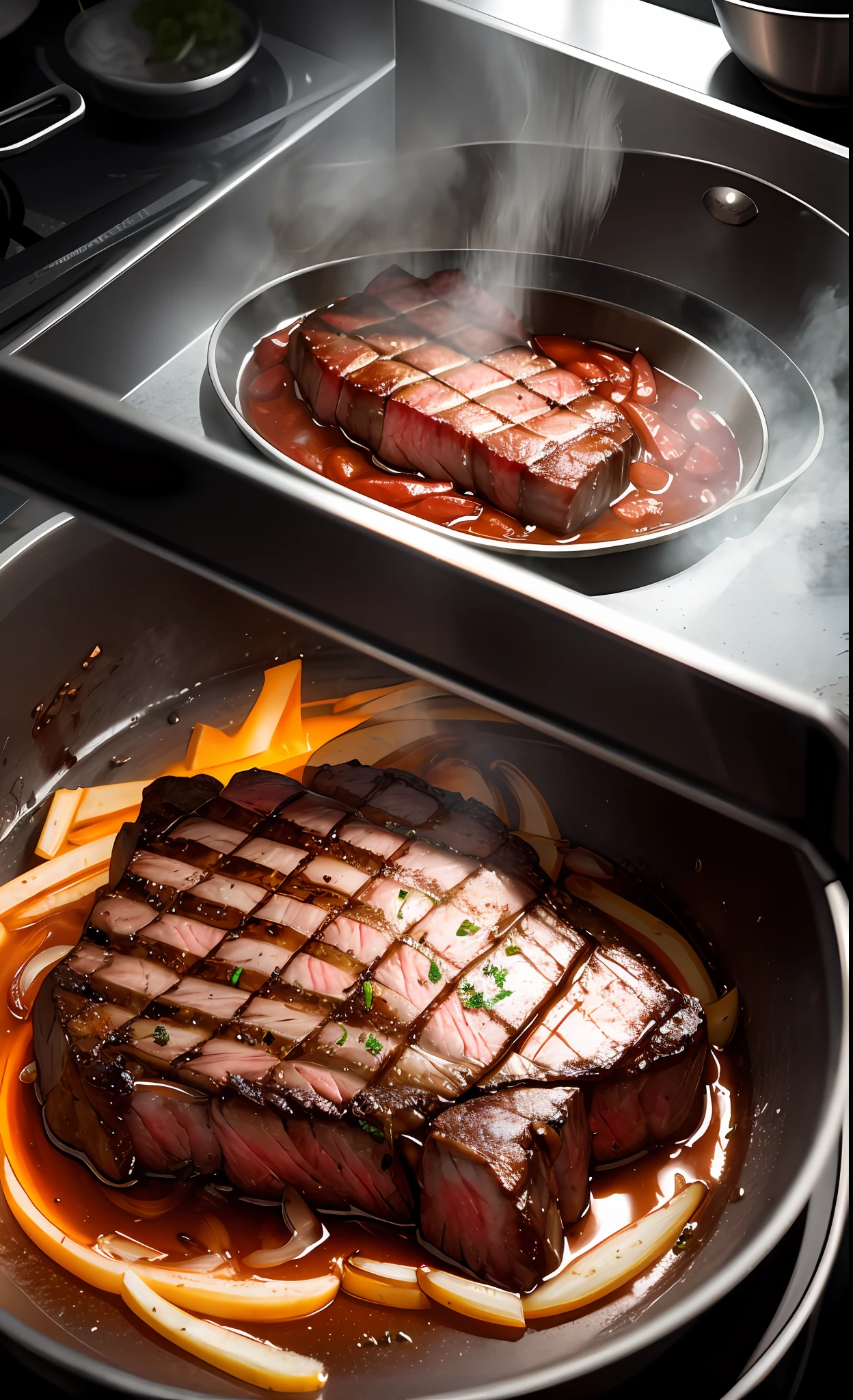 Ultra detailed 8K CG, steak in pan, high heat, onion, high steam, kitchen scenery