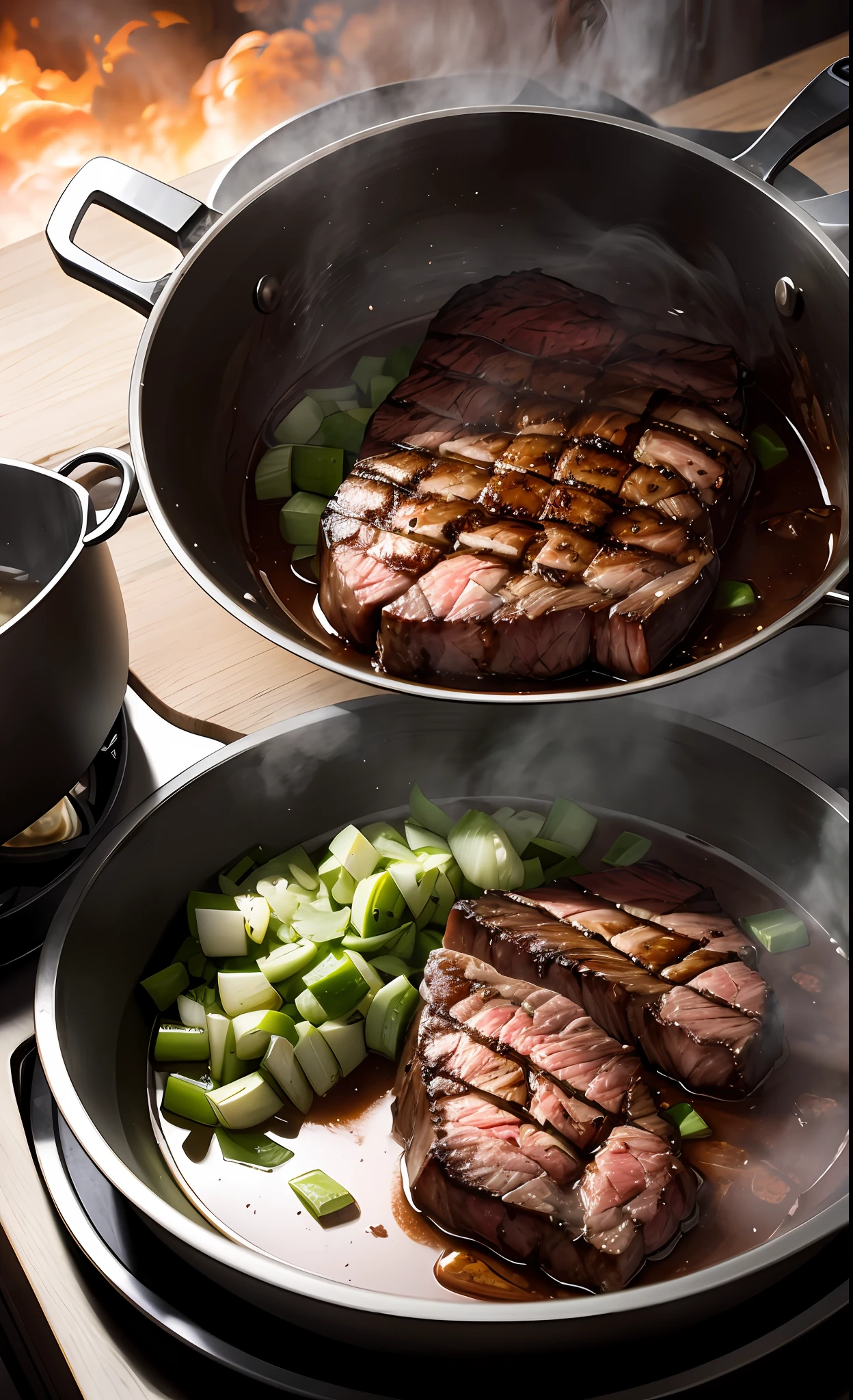 Ultra detailed 8K CG, steak in pan, high heat, onion, high steam, kitchen scenery