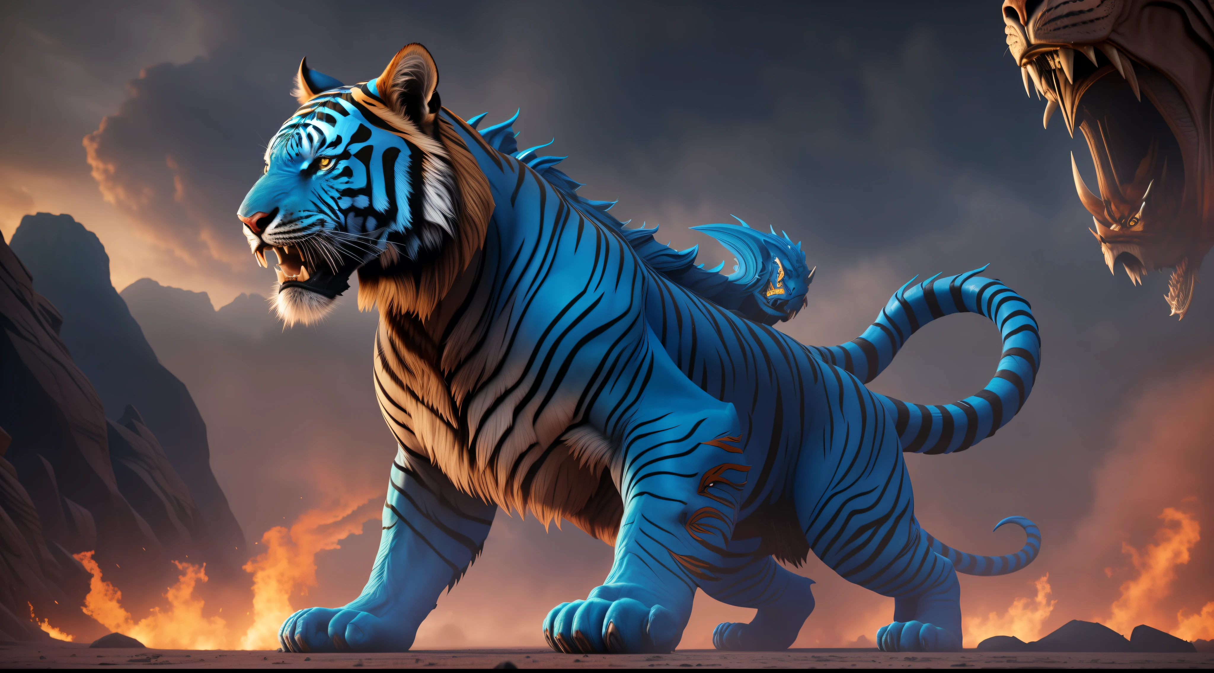 The description is of a muscular blue man with a tiger head, image of the man in 3d, depicted hyper-realistically in a full-body image. He is wearing an imposing red dragon armor. The surrounding scenery is war, creating an intense and dramatic atmosphere., high detail, speed lines, 360 view, cinematic lighting, Surrealism, Futurism, Ultra-Wide Angle, 8k, UHD, retina, anatomically correct, high quality, award winning, highres, 16k, 8k, UHD, retina, anatomically correct, high quality, award winning, highres
