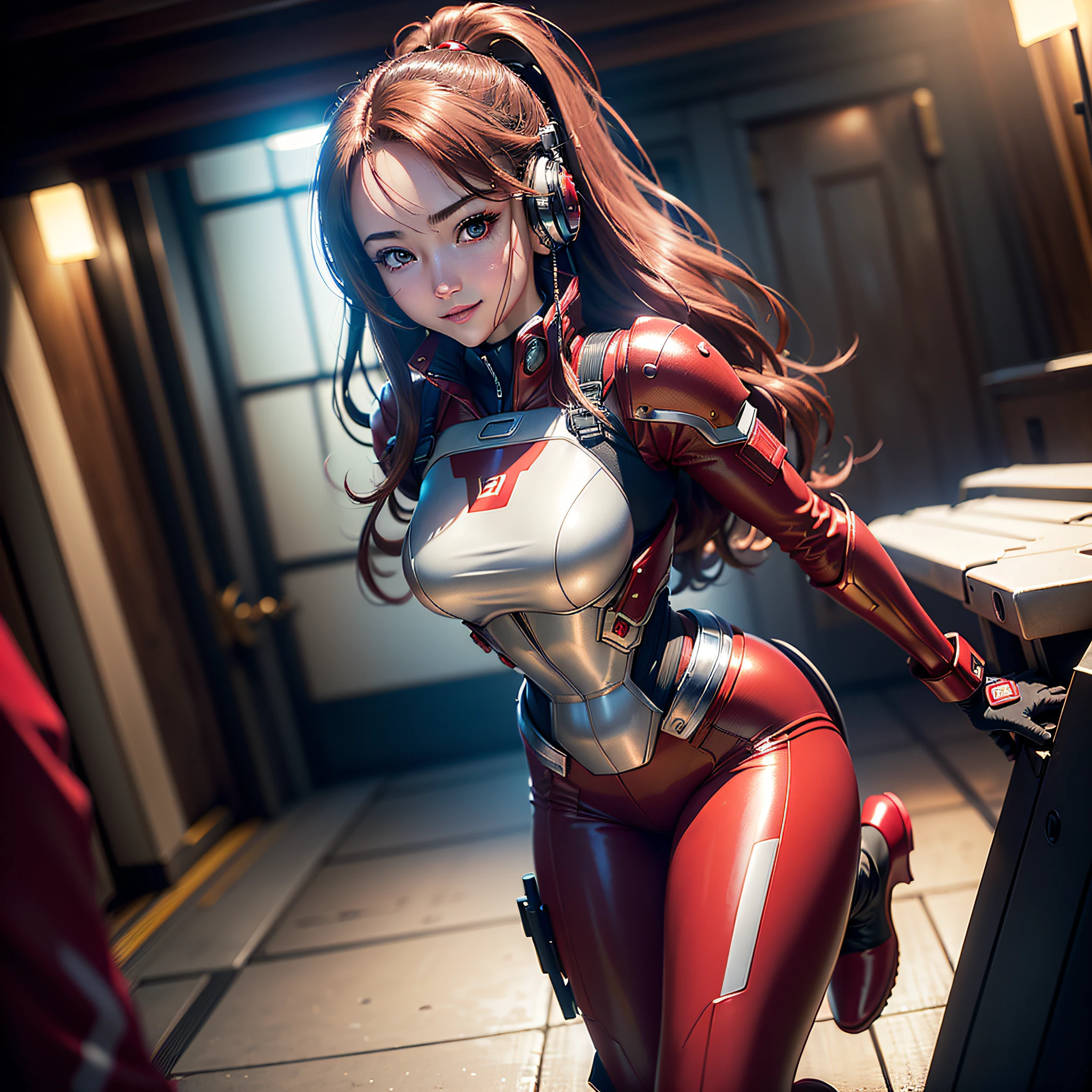 (Masterpiece, Best Quality, Best Resolution, distinct_image, Very Elaborate CG, Cinematic Lighting, Ray Tracing, Drop Shadows, Detailed Detail, (Photorealistic: 1.4), High Quality Textures, Detailed, Realistic Face Expression): (Girl Alone, Face Japan People, (Crimson Long Hair: 1.2), Small Size Breasts, Detailed Gundam cockpit with sparkly red eyes, eye-level shots, metallic red colored flight suits, tight-fitting clothes, full-body covering clothes, light smile, beauty, slim body, exoskeleton, heroine, headset, long boots, gloves, solo ride)