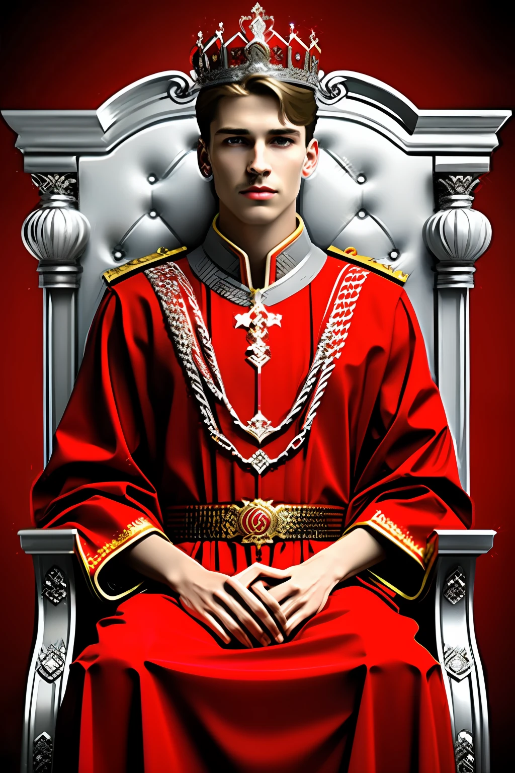 Russian prince, young, gorgeous, red mouthed, human, with red royal robes, silver crown, sitting on a throne adorned with realistic silver jewelry photo 4k