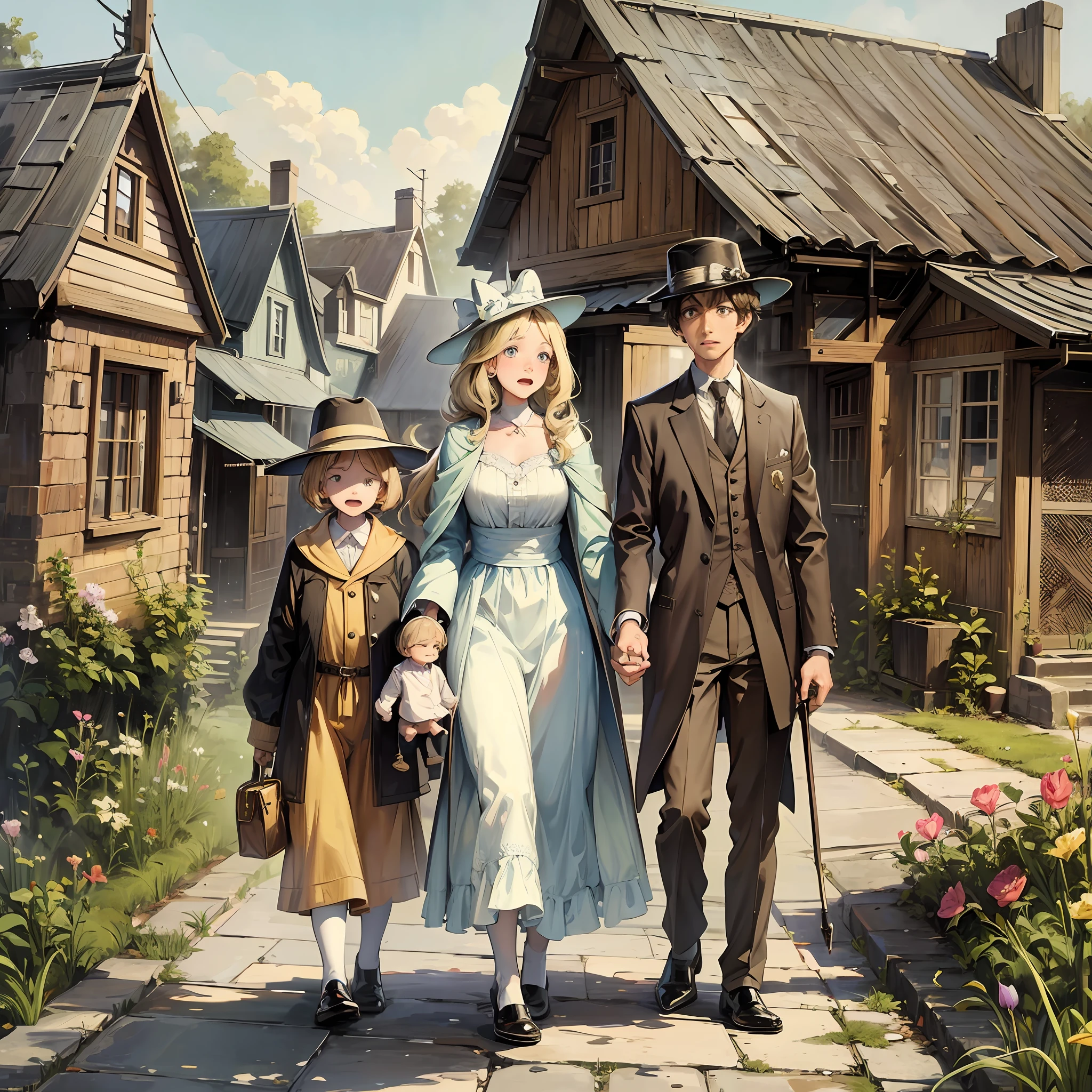a family arriving to their village, getting off a bus and walking towards their house, surprised to see their house completely destroyed, crying and screaming and collapsing, feeling disappointed and hopeless 
 , BEMELMANS LUDWIG † art style --auto --s2