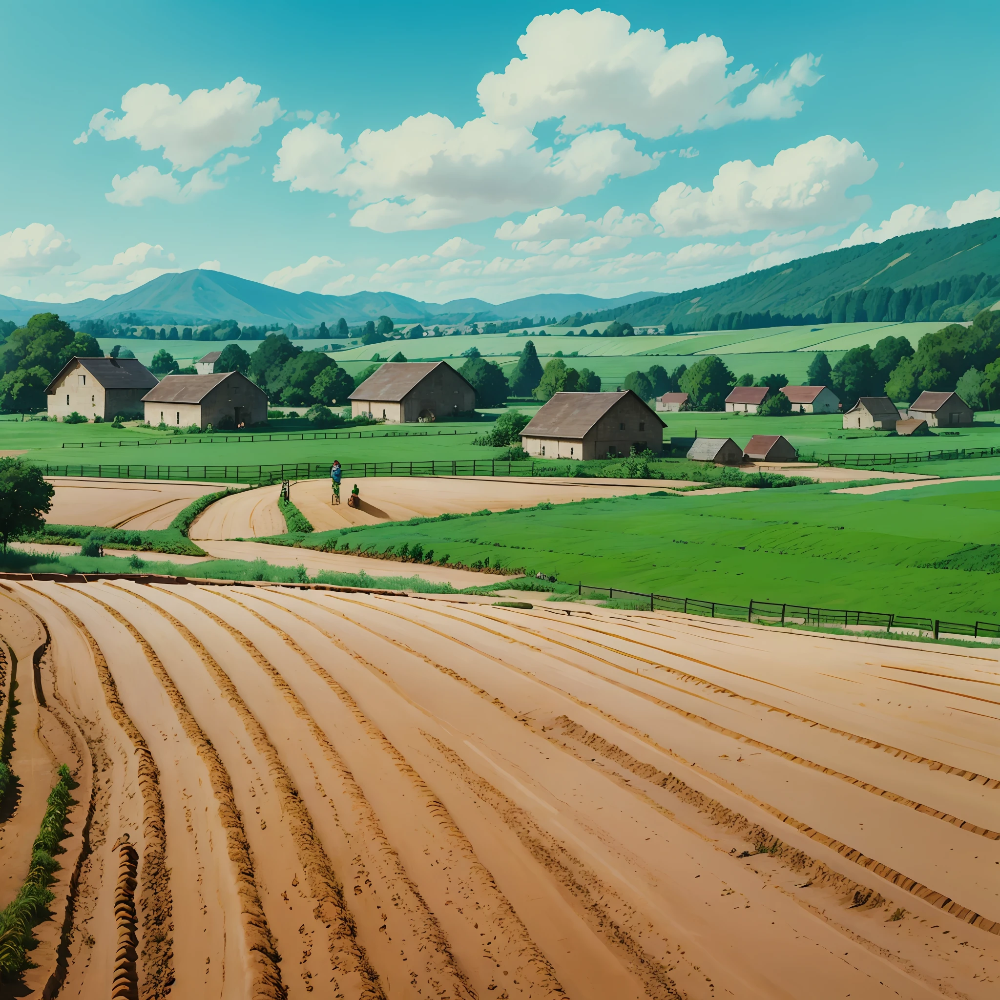 Villagers are ploughing the land and children are playing --auto --s2