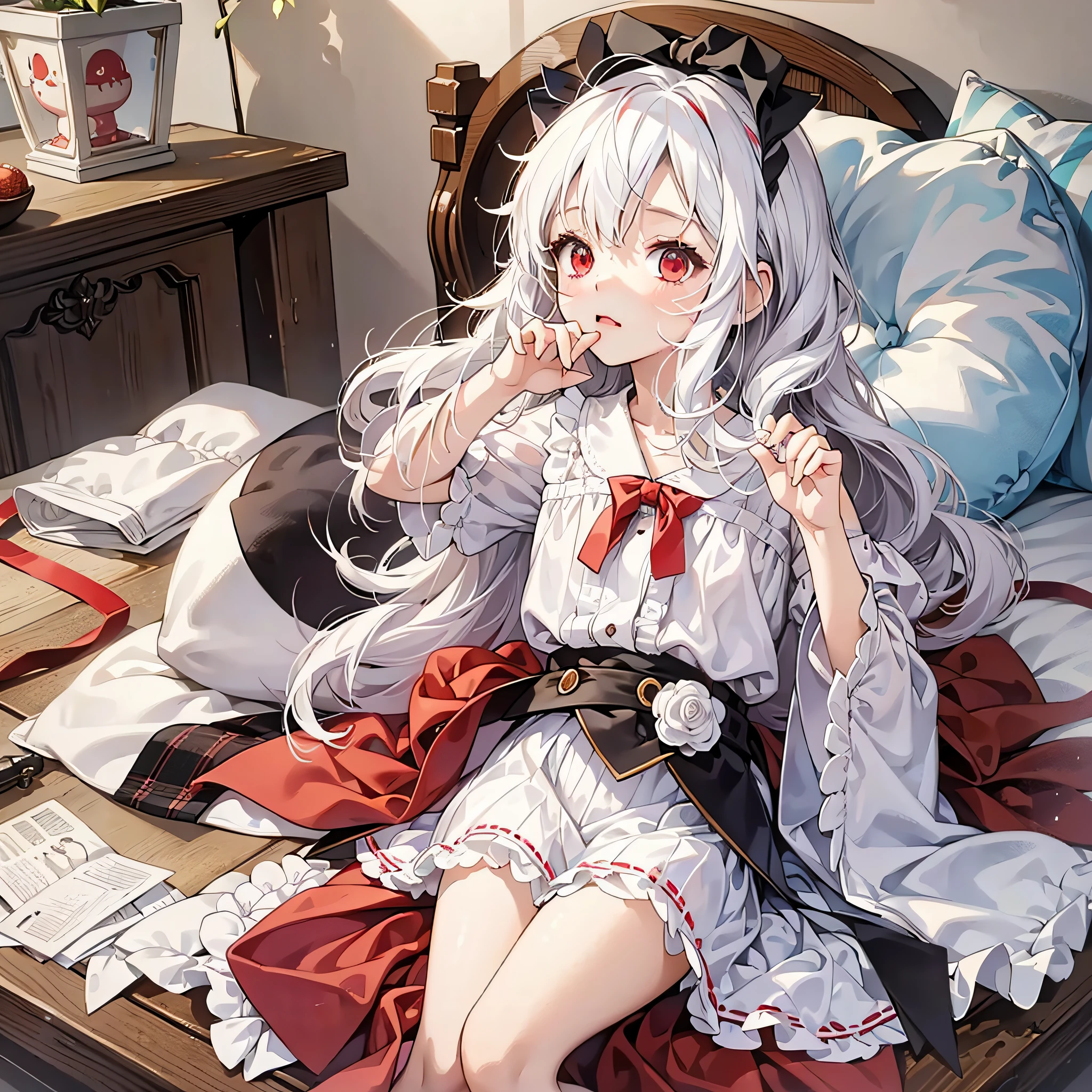 White silk underwear, red eyes, white hair, loli style, fresh, childlike, sweet, heartwarming cute image. --auto --s2