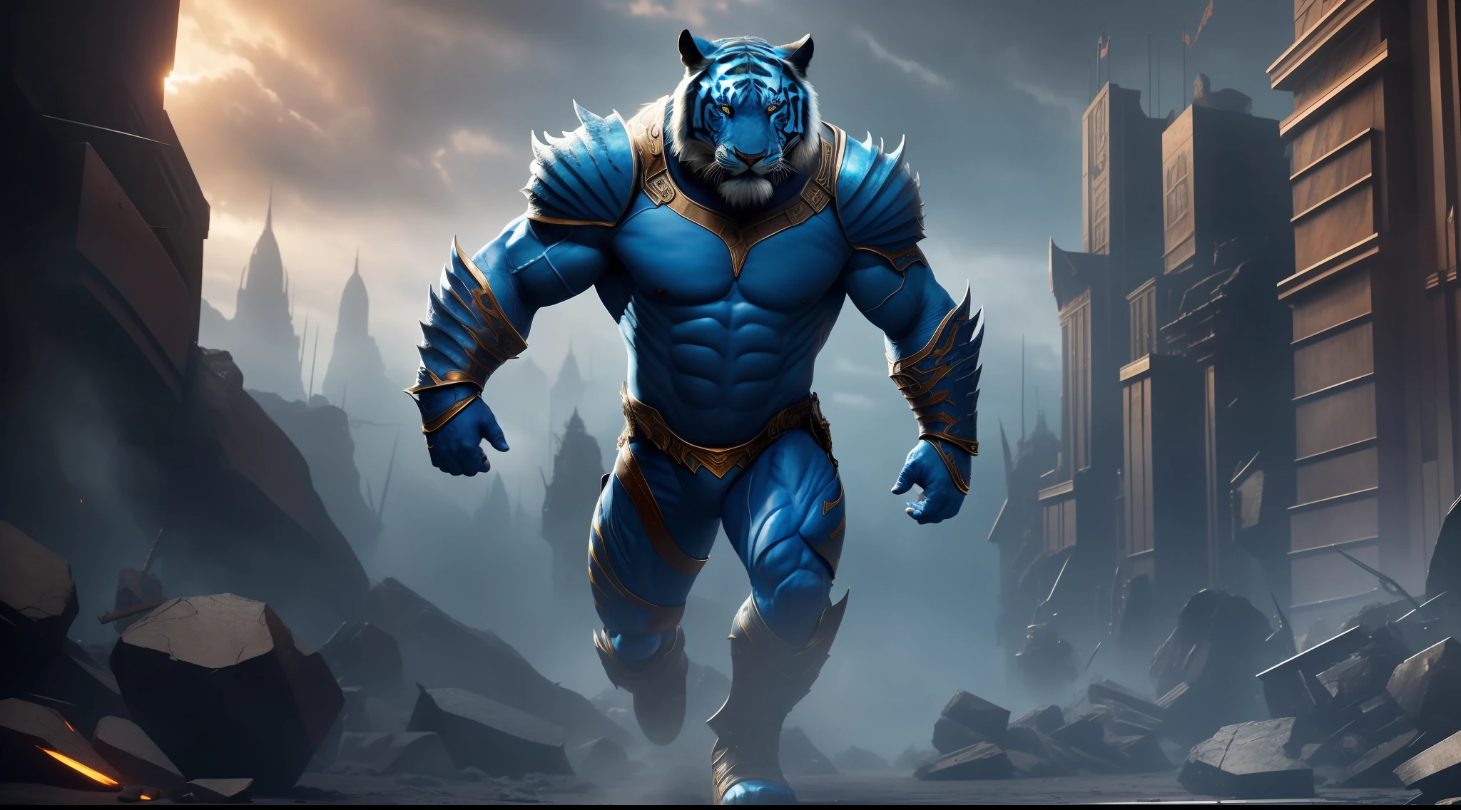 The description is of a muscular blue man with a tiger head, image of the man in 3d, depicted hyper-realistically in a full-body image. He is wearing an imposing red dragon armor. The surrounding scenery is war, creating an intense and dramatic atmosphere., high detail, speed lines, 360 view, cinematic lighting, Surrealism, Futurism, Ultra-Wide Angle, 8k, UHD, retina, anatomically correct, high quality, award winning, highres, 16k, 8k, UHD, retina, anatomically correct, high quality, award winning, highres