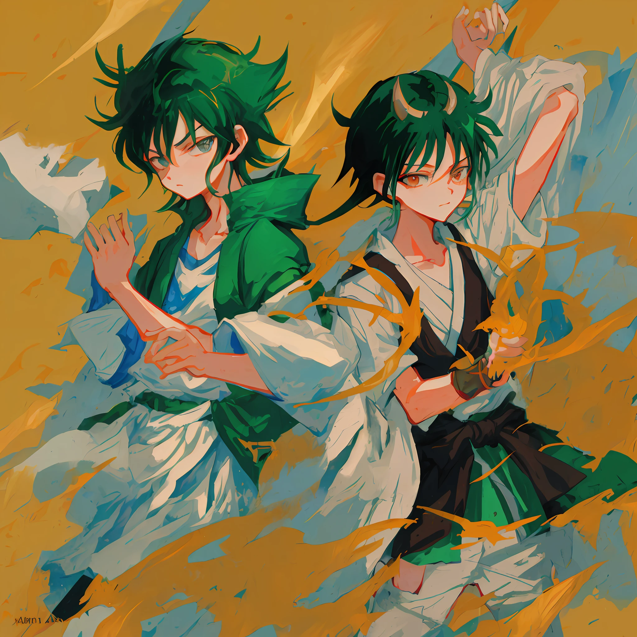 anime characters in a painting of a man and a woman, krenz cushart and wenjun lin, krenz cushart and asher duran, krenz cushart and artem demura, sengoku - era art style, official anime artwork, by Kamagurka, zerochan art, rob rey and kentaro miura style