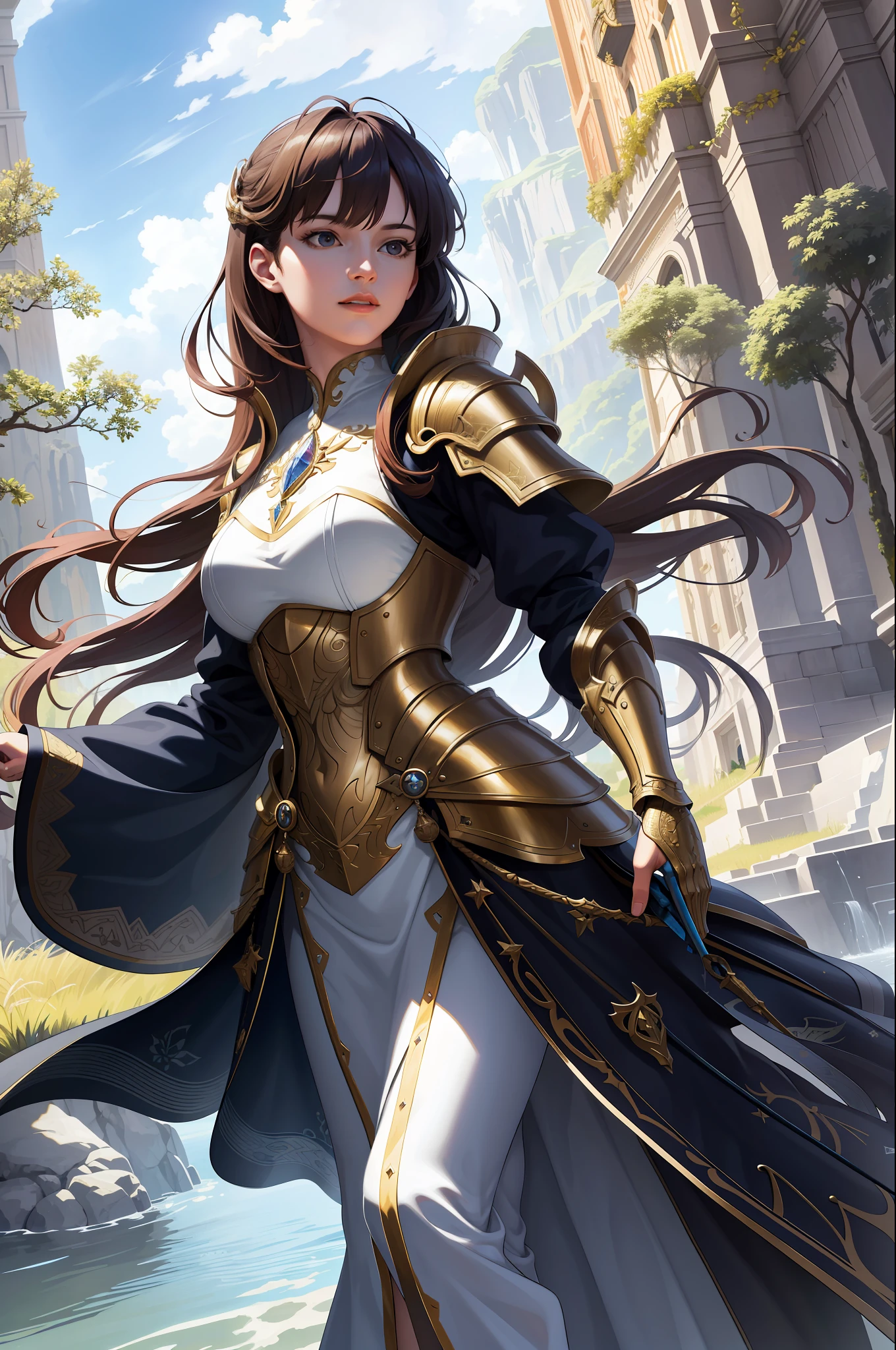 ((masterpiece))), (((best quality))), ((ultra-detailed)), (hyperrealistic), (highly detailed CG illustration), cinematic light, photorealistic ,1girl, armor, eaba, capelong dress, long sleeve, elegant, colorful, highest detailed, a graceful and enchanting figure, captivating environment that enhances the overall appeal of the artwork. breathtaking natural landscape, mystical realm filled with magical elements, angle that highlights the character's beauty and the immersive environment. Lighting