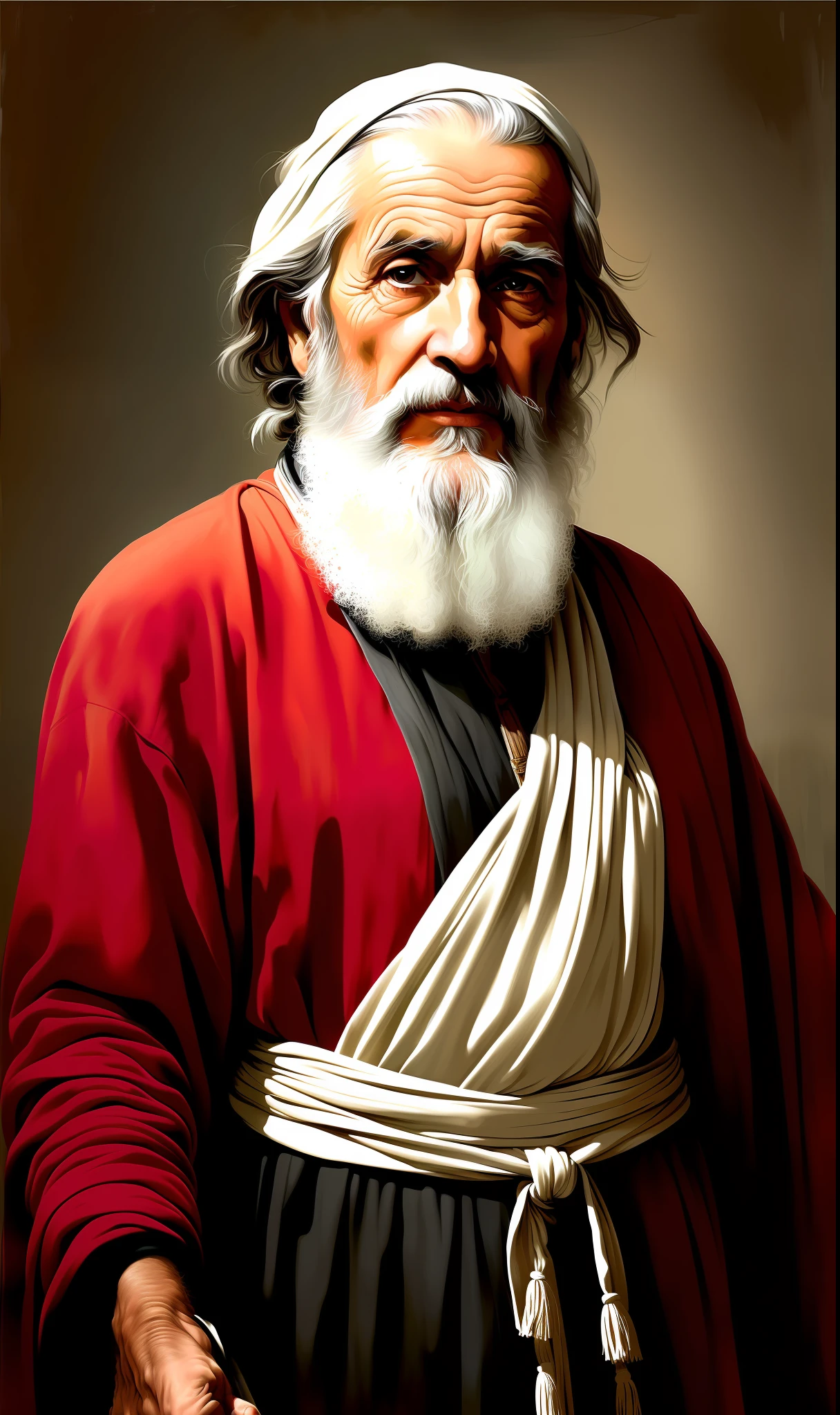 A beautiful ultra-thin realistic portrait of Moses the prophet, an old Hebrew man, long gray hair, long gray beard, wearing black and red striped robe, holding a staff, in front view, full body, biblical, realistic, intricate details, por abbott fuller graves, bartolome esteban murillo, jc leyendecker, craig mullins, peter paul rubens, (caravaggio), trend in artstation, 8k, Concept Art, Fantasy Art, PhotoRealistic, Realistic, Illustration, Oil Painting, Surrealism, HyperRealistic, brush brushes, Digital art, style, watercolor