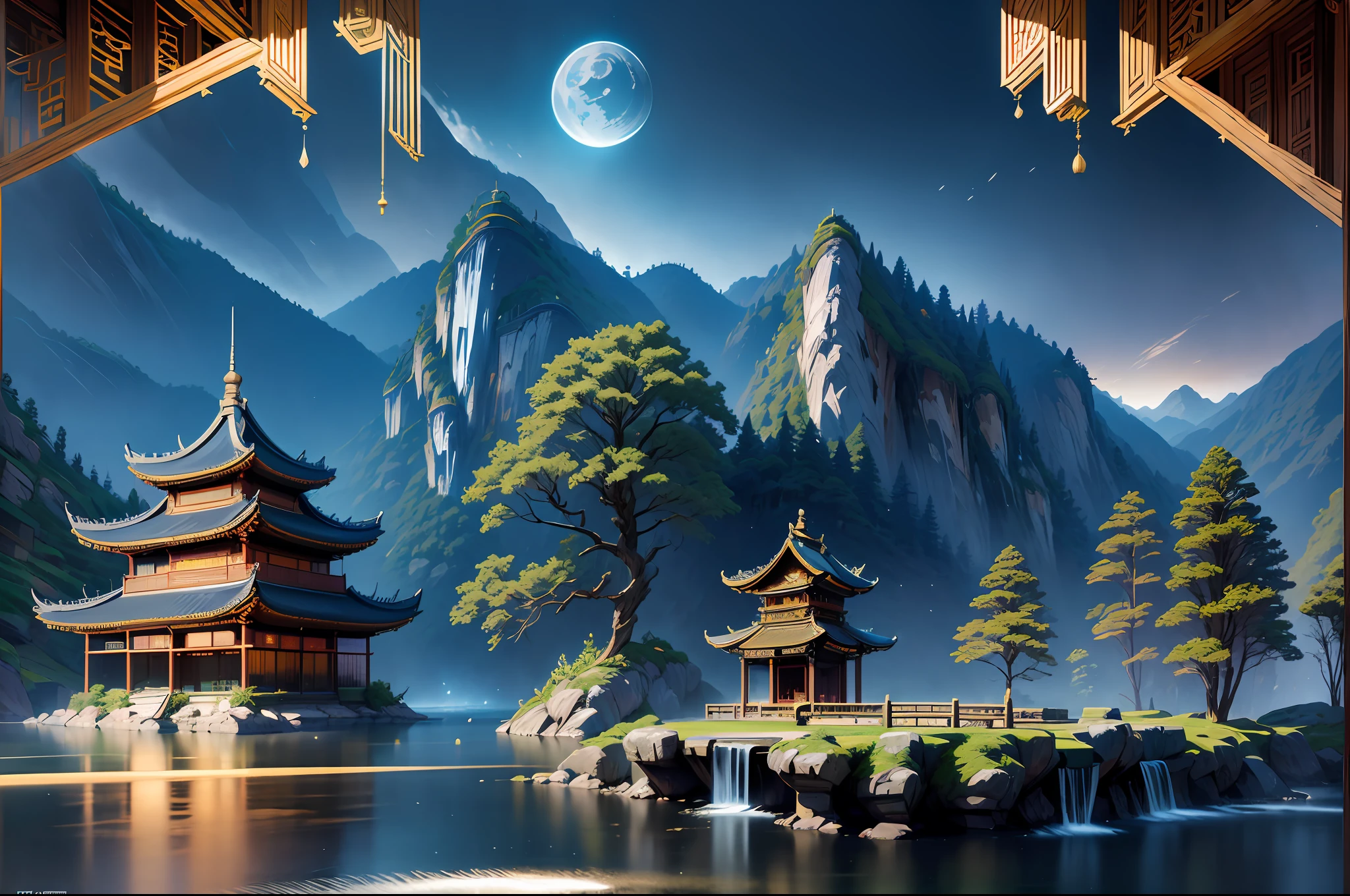 Ancient Chinese architecture, cool colors, dark night, moon, garden, bamboo, lake, stone bridge, rockery, arch, corner, tree, running water, landscape, outdoor, waterfall, grass, rock, dense fog, (Illustration: 1.0) , Epic Composition, HD Details, Masterpiece, Best Quality, (Very Detailed CG Unity 8k Wallpapers) --v 6