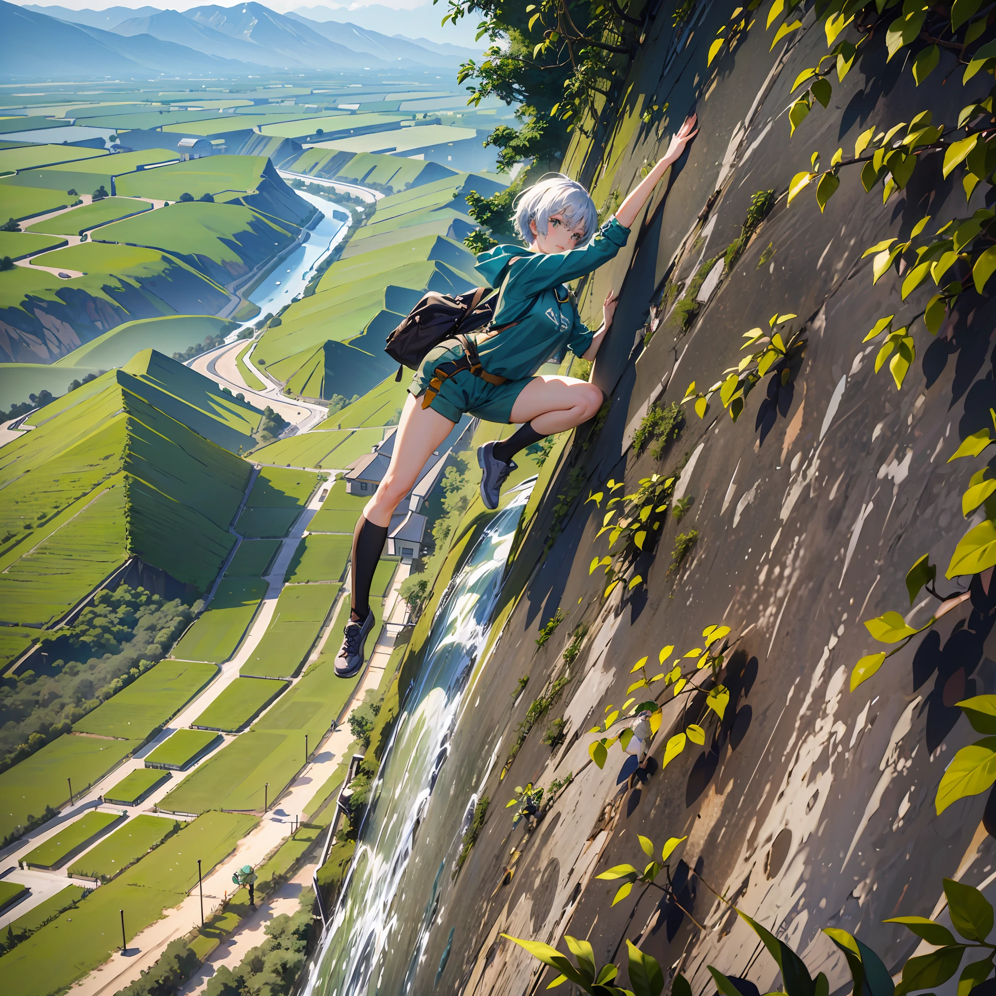 A girl with short hair climbing a large slope in the middle of the green field --auto --s2