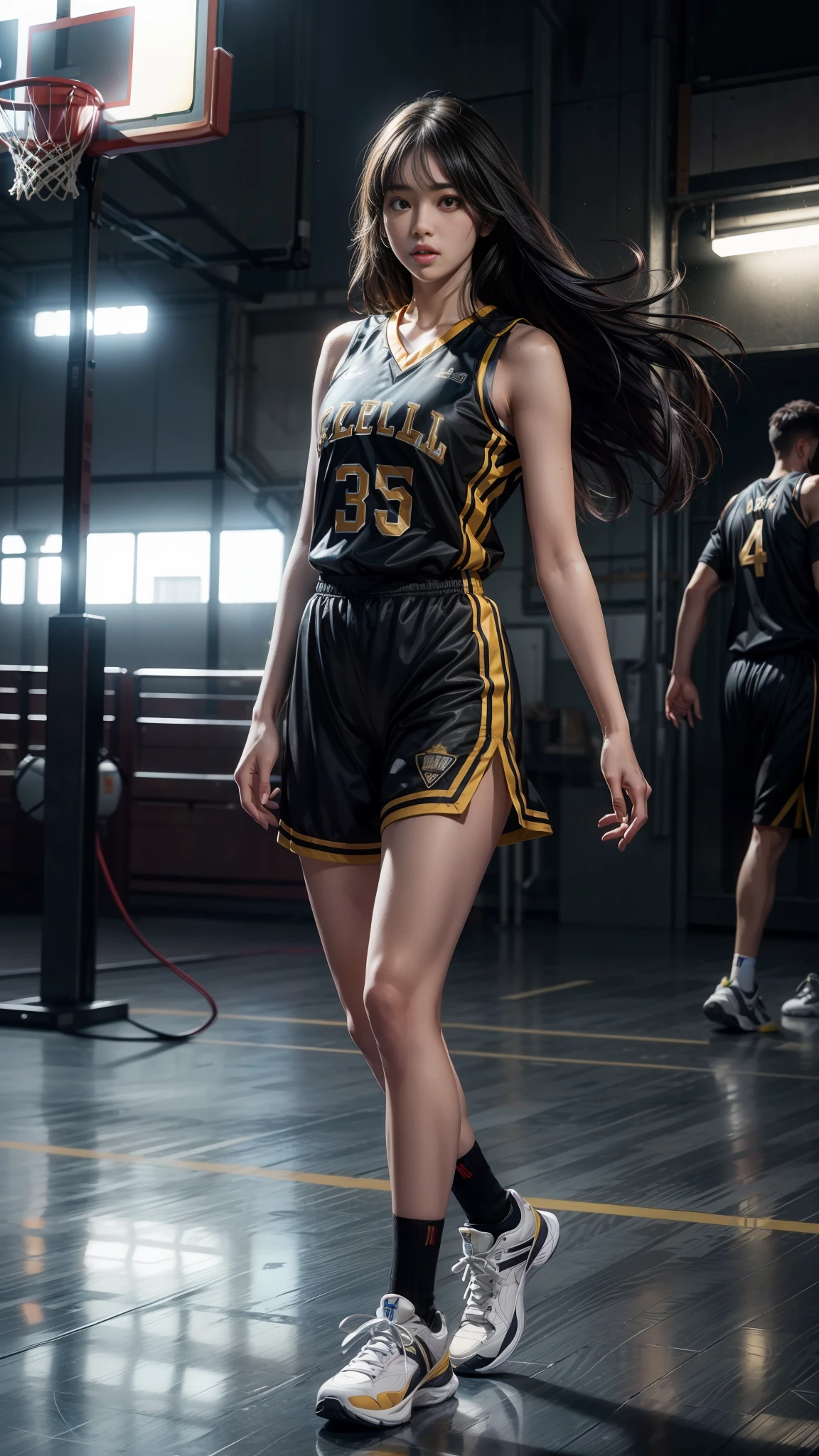 (8K, Best Quality, Masterpiece: 1.2), (Realistic, Realistic: 1.37), Ultra Detailed, Best Quality, Ultra High Resolution, Professional Lighting, Photon Mapping, Teleportion, Physically Based Rendering, Cinematic Lighting, Basketball Court, Depth of Field, Clear Focus, Sunlight, Good Composition, (Bokeh: 1.2) 1girl, solo, (full body), (mouth closed), beautiful and detailed eyes, posture, narrow waist, basketball uniform, black hair, messy hair, long hair fluttering in the wind, ( ulzzang-6500:1.2)