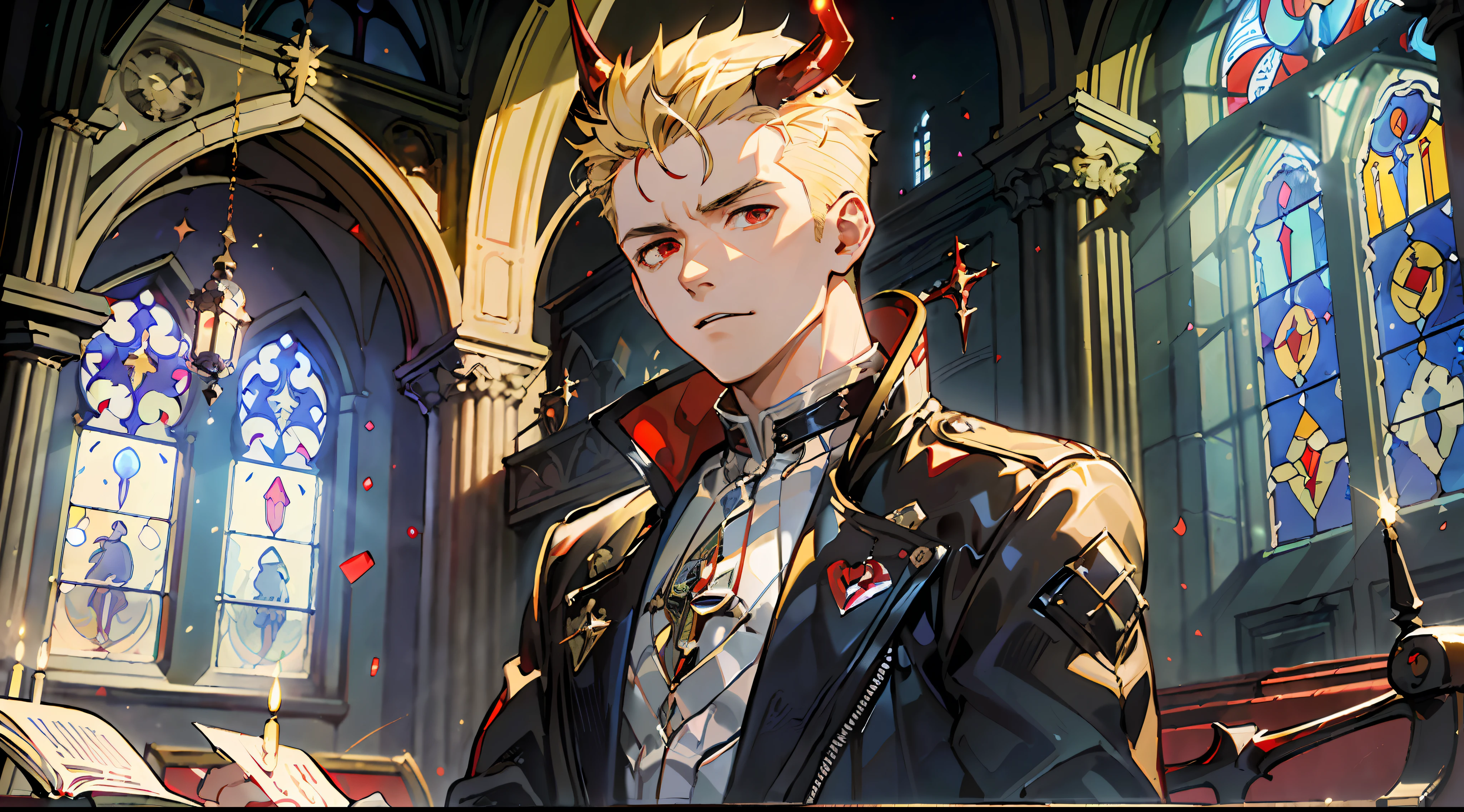 ((Masterpiece: 1.4, Best Quality)), (Short Blonde), (Spiked Hair), Red Eyes,( devil:1.3), (Church: 1.2), (Stained Glass: 1.3), One Young Man, Handsome, Pillar, Sky Cover, (Light particles), (Moonlight shining through the window), contrapposto