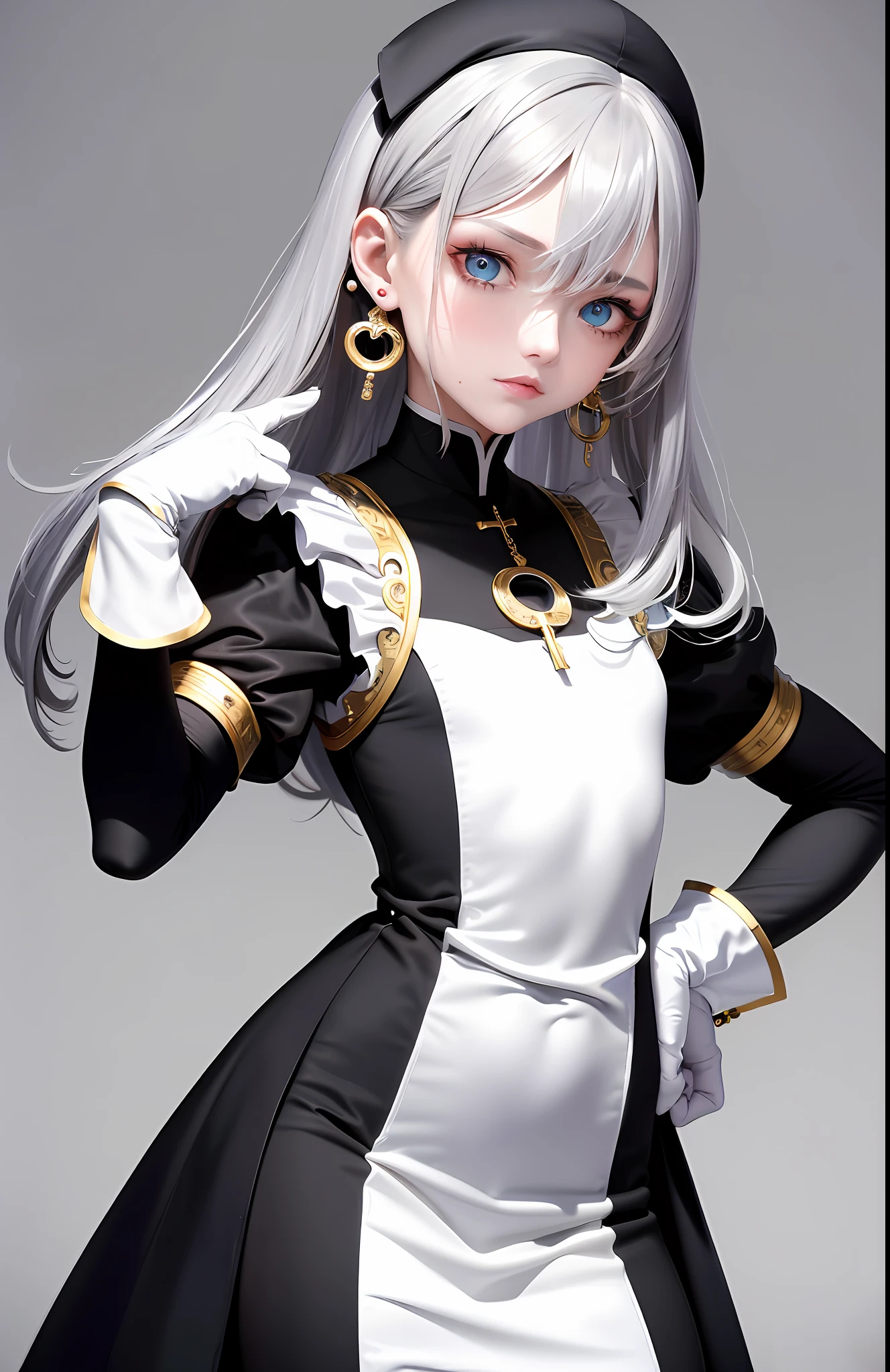 Best, Masterpiece, High Resolution, Best Quality, Ultra HD, Super Detail, Award-Limited, 16k, (Upper Body), Beautiful Girl, Gray Hair, Hair, ((Heterochromia)), Hanging Eye Corners, Fair Skin, (Small), (Slim Body), ((Cassock)), Stud Earrings, (Neck Rings), (Very, Very Short Gloves)