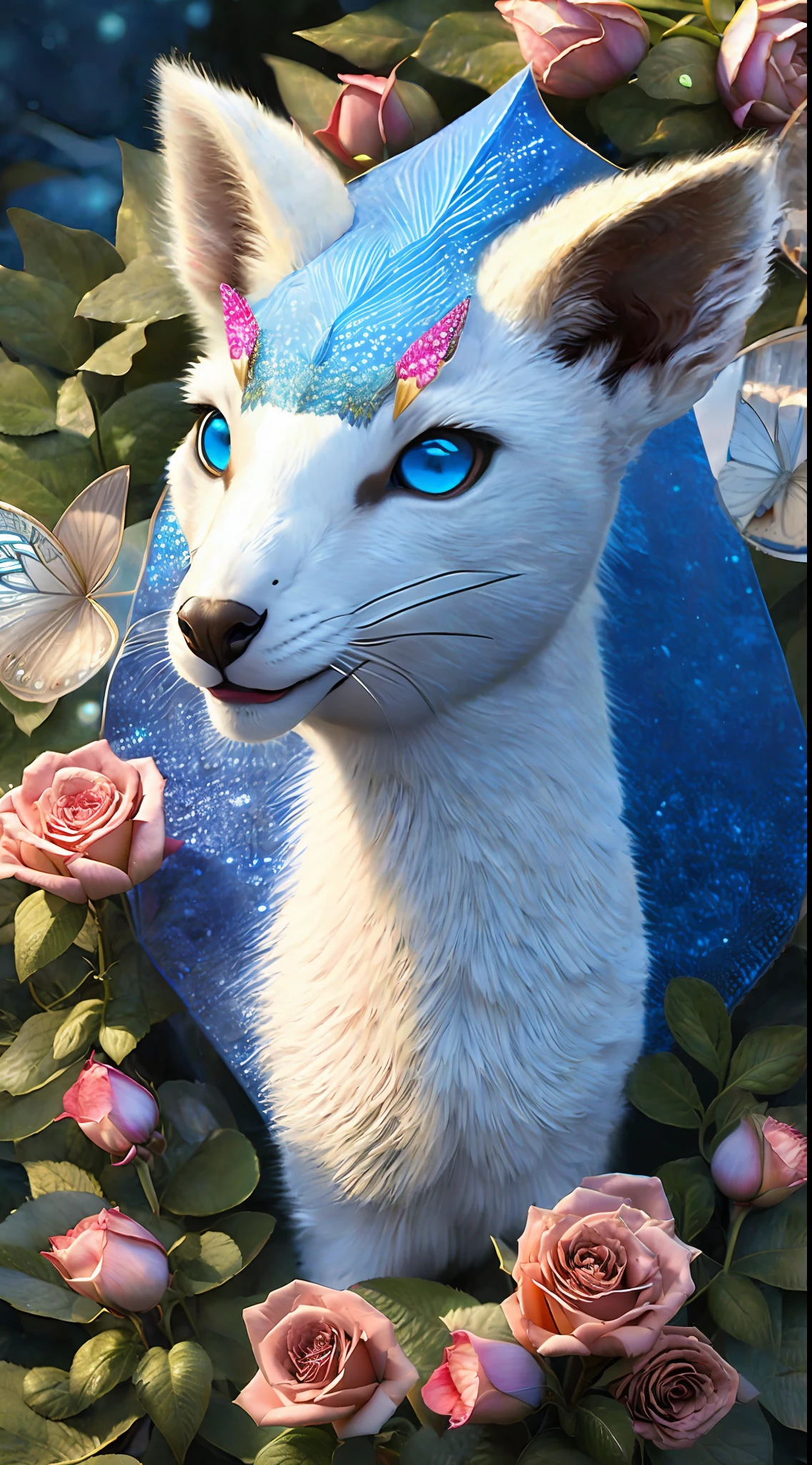 ( Top view, high angle view, Focal point composition), ((masterpiece))), (((best quality))), ((ultra-detailed)), (hyperrealistic), (highly detailed CG illustration), (absurdres, highres, ultra detailed) ultra-detailed CG art, a dragon with big blue eyes surrounded by ethereal little roses and butterflies, pastels, glimmer bokeh, ethereal, best quality, highest resolution, intricate details, fantasy,