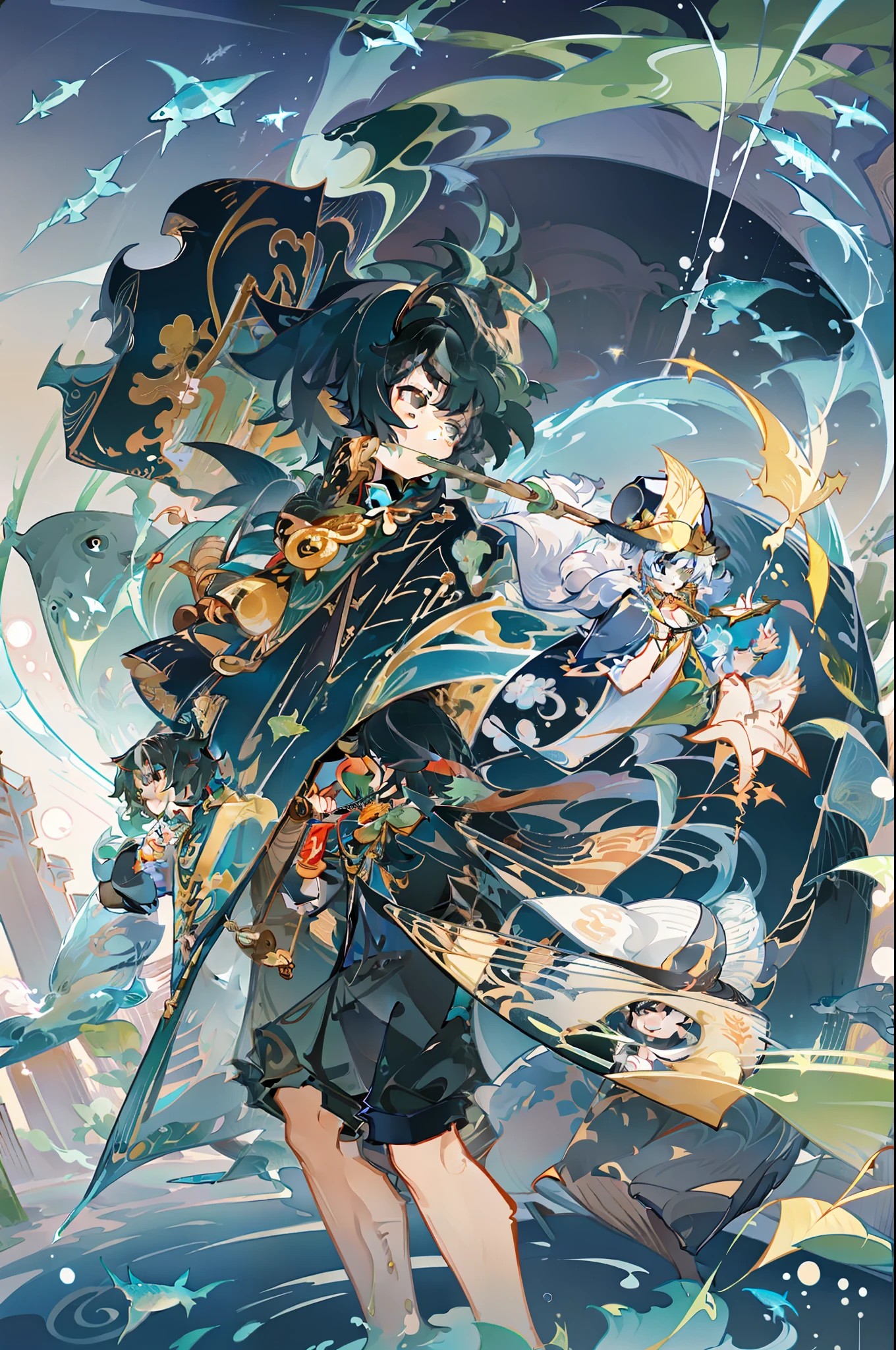 The black-haired male pupil, Shota, short-sleeved shorts, wearing a long cape, a straw hat with two streamers and countless wind chimes, blowing a green flute sitting on the back of a huge whale composed of water, leading more fish behind him, the picture is dreamy