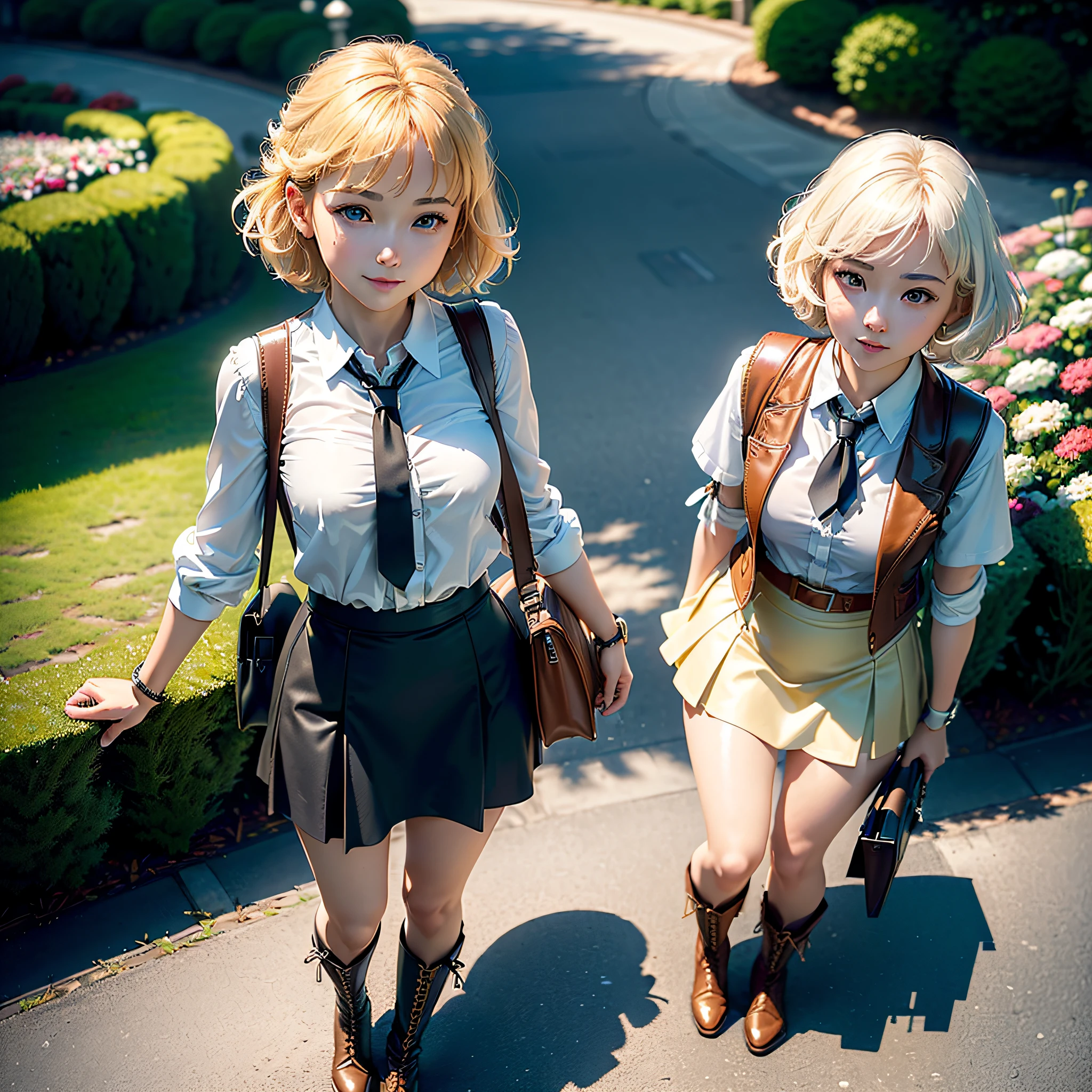 (Masterpiece, highest quality, highest resolution, distinct_image, very elaborate CG, cinematic lighting, ray tracing, drop shadows, detailed detail, (photorealistic: 1.4), high quality textures, fine-grained, realistic face expression): (lone girl, face is Japan, short golden hair, small size breasts, sparkling eyes, Eye level shot, happy smile, beauty, slim body, holiday, skirt, white shirt with collar, leather vest, cardian, handgun holder, carrying leather bag on back, long boots, tie, season of fresh greenery, sunny day with good climate, green park, lush trees, wide lawn, promenade in park, flowers blooming in flower beds, street, fountain, Active Angle, Active Action)