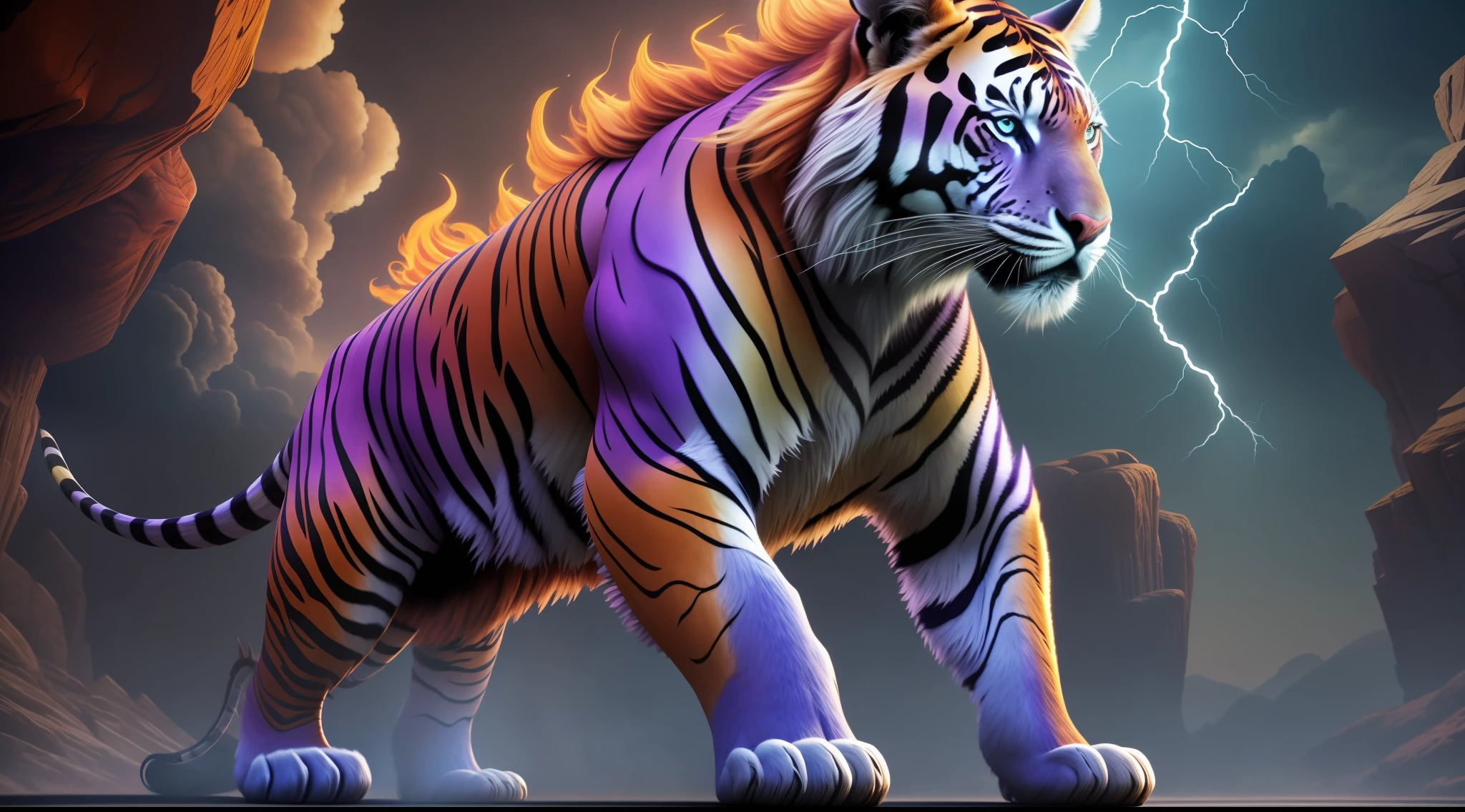 The description is of an orange man with purple, blue, green, and lilac stripes, all shiny, muscular with a tiger head, image of man in 3d, depicted in a hyper-realistic way in a full-body image. He is wearing an imposing red dragon armor. The surrounding scenery is war, creating an intense and dramatic atmosphere., high detail, speed lines, 360 view, cinematic lighting, Surrealism, Futurism, Ultra-Wide Angle, 8k, UHD, retina, anatomically correct, high quality, award winning, highres, 16k, 8k, UHD, retina, anatomically correct, high quality, award winning, highres