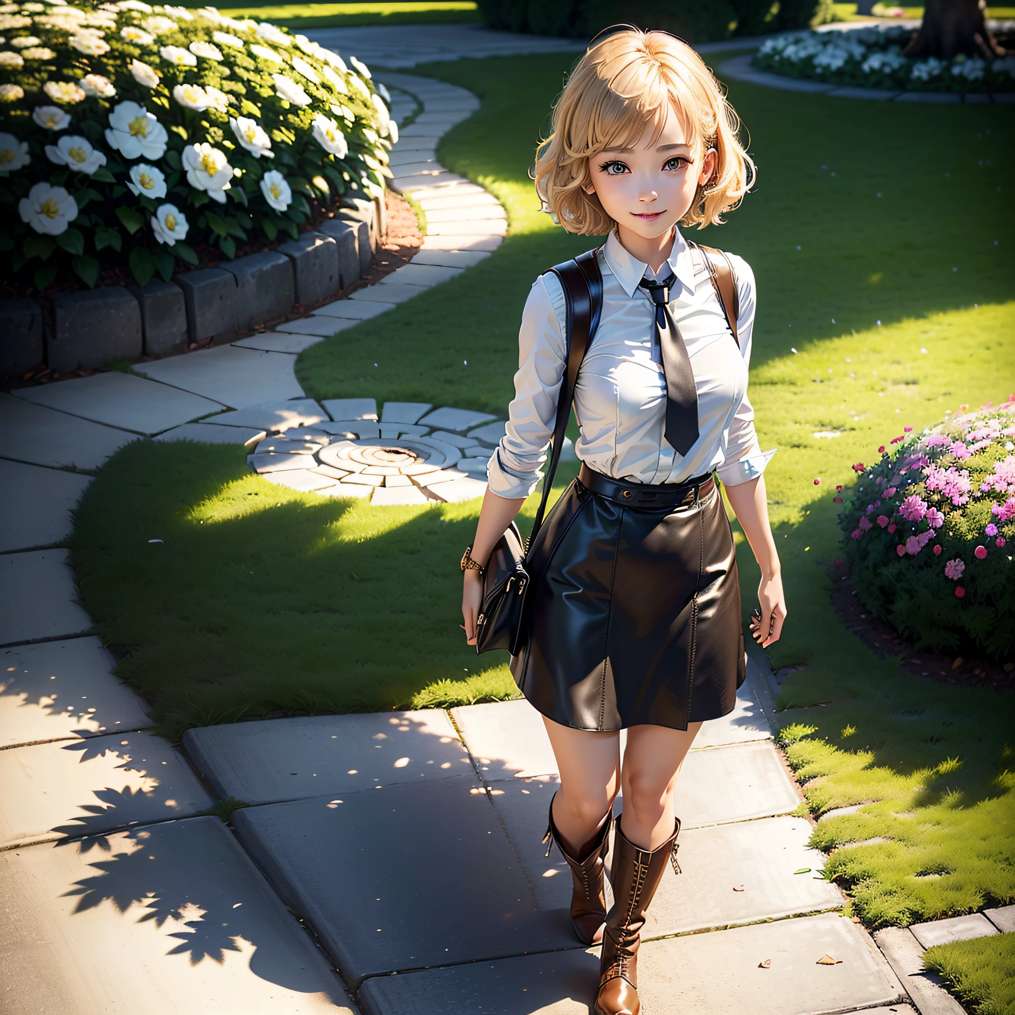 (Masterpiece, highest quality, highest resolution, distinct_image, very elaborate CG, cinematic lighting, ray tracing, drop shadows, detailed detail, (photorealistic: 1.4), high quality textures, fine-grained, realistic face expression): (lone girl, face is Japan, short golden hair, small size breasts, sparkling eyes, Eye level shot, happy smile, beauty, slim body, holiday, skirt, white shirt with collar, leather vest, cardian, handgun holder, carrying leather bag on back, long boots, tie, season of fresh greenery, sunny day with good climate, green park, lush trees, wide lawn, promenade in park, flowers blooming in flower beds, street, fountain, Active Angle, Active Action)