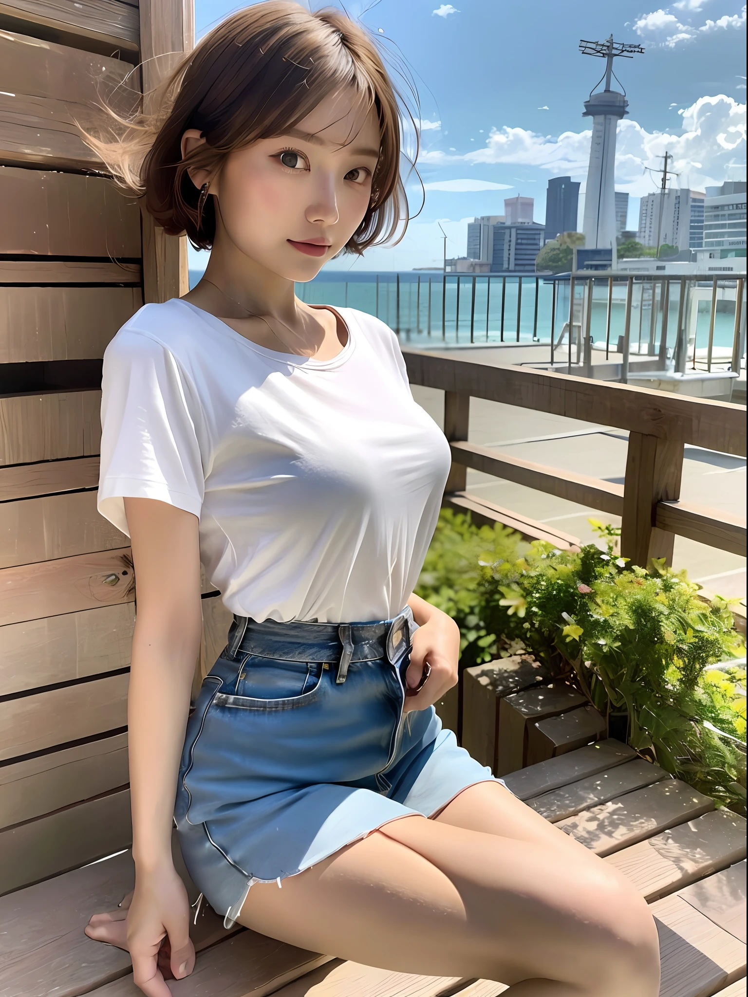 (8k, highest quality, masterpiece: 1.2), (hair_style), (realistic, photorealistic: 1.37), highest quality, masterpiece, in the summer sunshine, sky and sea view, shot on wooden deck, [small breasts], backlight, shooting from waist up, camera angle from bottom to top, pose with hair raked up with hands, shot in natural light from morning to noon, Hairstyles and fashion styles that match the Japan trends of 2023, realistic, super detailed, 30s, actress, half Japanese and Russian half model, elaborate CG, slender, adorable, hairstyle matches the fashion of Japan in 2023 short bob cut fluttering in the wind, delicate skin type, fine details and softness, model hair color is bright and soft, Choose a short-length T-shirt that matches the summer trends of 2023 and pair it with pale pastel colors for surf fashion.