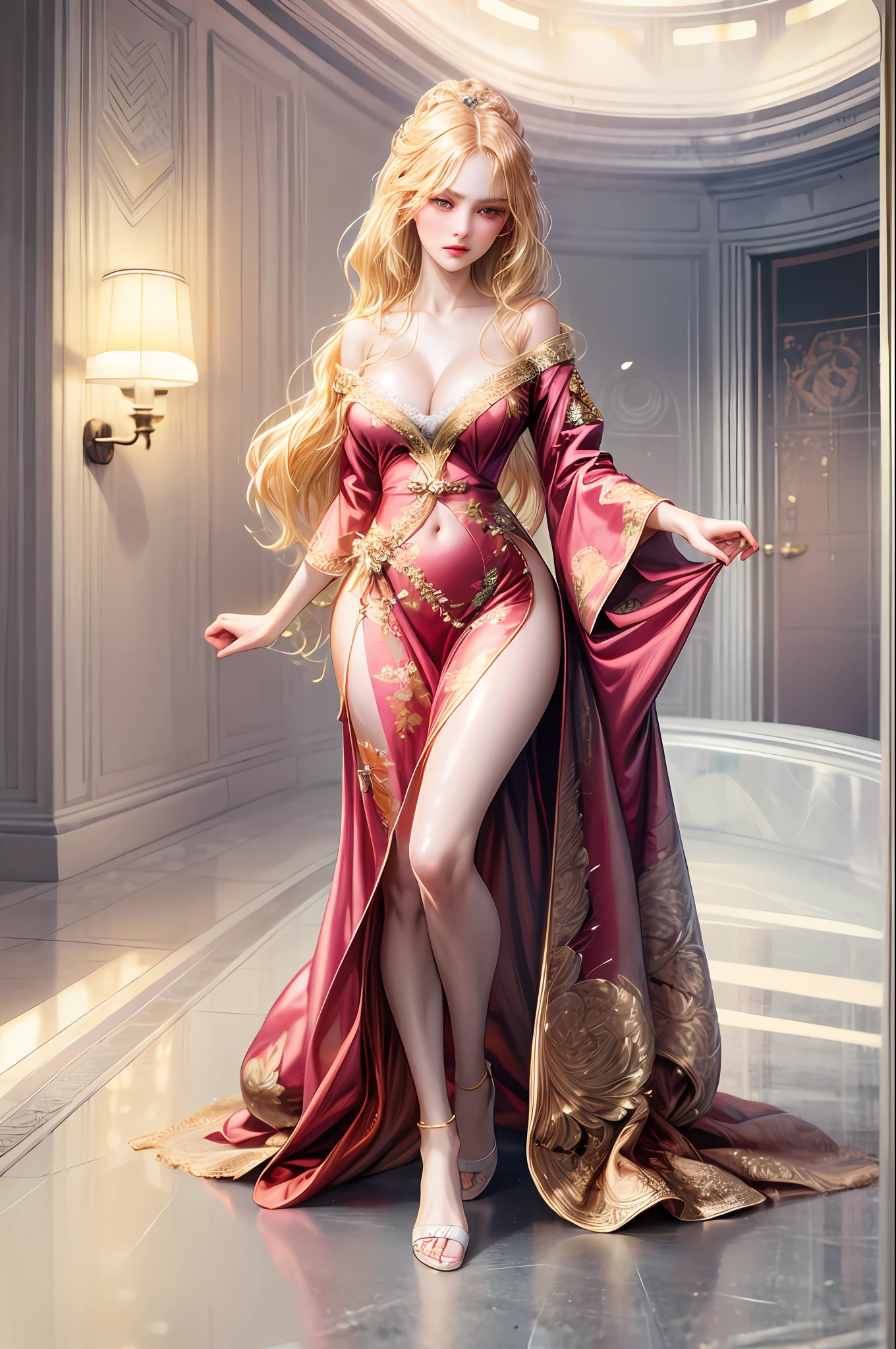 (absurdres, highres, ultra detailed), ''full body)) 1girl, natural light, top quality, masterpiece, illustration, very delicate and beautiful, highly detailed, CG, unity, 8k wallpaper, amazing, detailed, masterpiece, top quality, official art, highly detailed CG Unite 8k wallpaper, silly, incredibly silly, huge file size, super detailed, high resolution, highly detailed, beautiful detailed girls, highly detailed eyes and faces, beautiful detailed eyes, (RAW photos , best quality), (real, photorealistic: 1.3), light on face, full body, hands hiding her crotch, ((full body)), elegant ccostume, thigh gap, ((triangle face)), (light blond hair, blonde mesh: 1), long blond hair, (big governor eyes), ((puffy eyes)), (( (normal breasts))), (K-pop idol), ((wall background)), bathroom, skinny, ((pose)), ((angry face)), looking at the camera, facing front, (( (cleavage) ))), waistline, classy, drooping eyes makeup, mysterious, eyeliner, long eyelashes, blushing cheeks, chinese woman in her mid 30s, chuniese double buns hair style, fluo pink clothes, beautiful feet