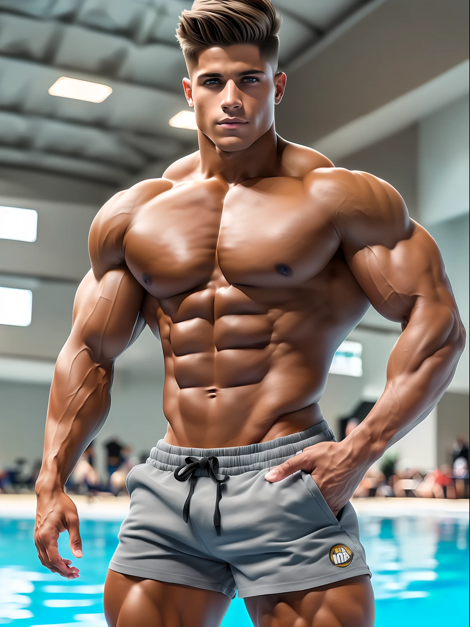 super buff and cool, 18 year fitness influencer (boyishly cute face with full, pouty lips strongly resembling Cody Calafiore crossbred with Jake Burton) ((light five o’clock shadow, short brown haircut degrade)) ((very square-jawed)), steroid physique, boy bodybuilder, on steroids, sexy, (masterpiece:1.5), flawless tan, beautiful skin, handsome face, posing on by a pool (wearing heather gray colored shorts) at an NPC bodbuilding contest, classic bodybuilding pose, Nikon, anatomically correct, textured skin, best quality, 4K; nikon d850 film stock photograph, kodak portra 400 camera f1.6 lens, extremely detailed, amazing, fine detail, very intense action, hyper realistic lifelike texture, dramatic lighting, unrealengine, (instagram style), (reddit aesthetic)