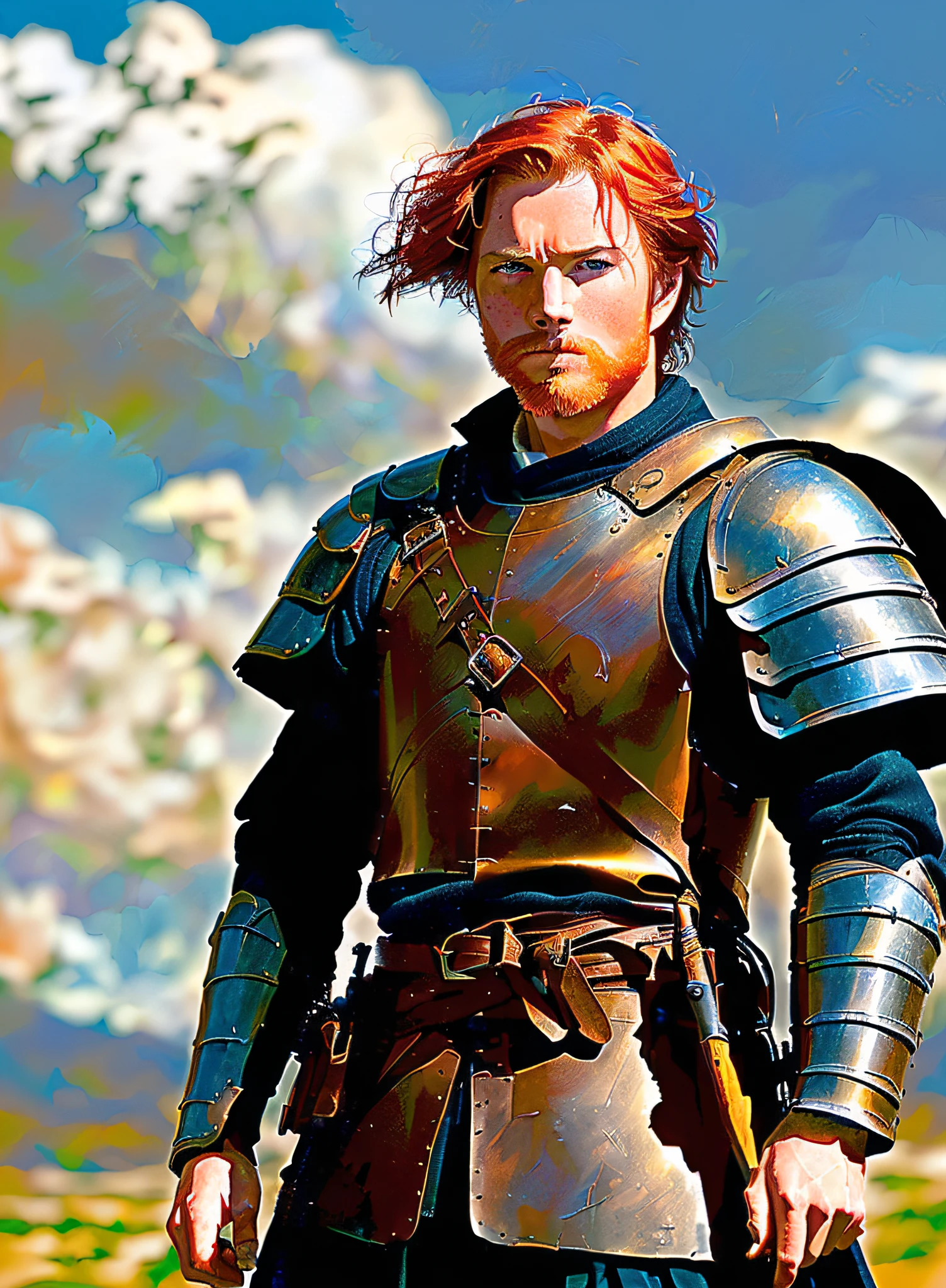 modelshoot style, (extremely detailed CG 8k wallpaper), full body photo of a red-haired blue-eyed warrior of the most beautiful work of art in the world, medieval armor, professional majestic painting by Ed Blinkey, Atey Ghailan, Studio Ghibli, by Jeremy Mann, Greg Manchess, Antonio Moro, trend at ArtStation, trend at CGSociety, Intricate, High Detail,  Sharp focus, dramatic and photorealistic painting art from midjourney and greg rutkowski