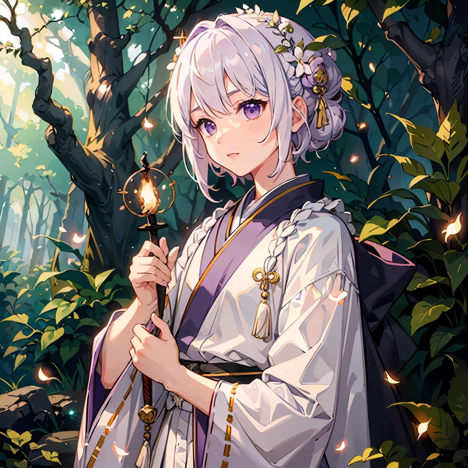 (best quality, best artist), (best illustration), (best desinger), (extremely detailed 8k CG unit wallpaper), (1boy) short white hair, eyes (lilac), backdrop, magical forest with fireflies that illuminates the environment, wearing samurai robes, Paramount studio cinematic lighting