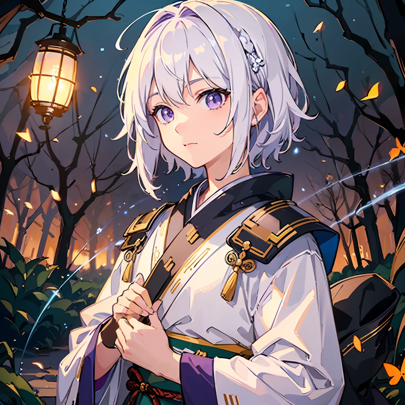 (best quality, best artist), (best illustration), (best desinger), (extremely detailed 8k CG unit wallpaper), (1boy) short white hair, eyes (lilac), backdrop, magical forest with fireflies that illuminates the environment, wearing samurai robes, Paramount studio cinematic lighting
