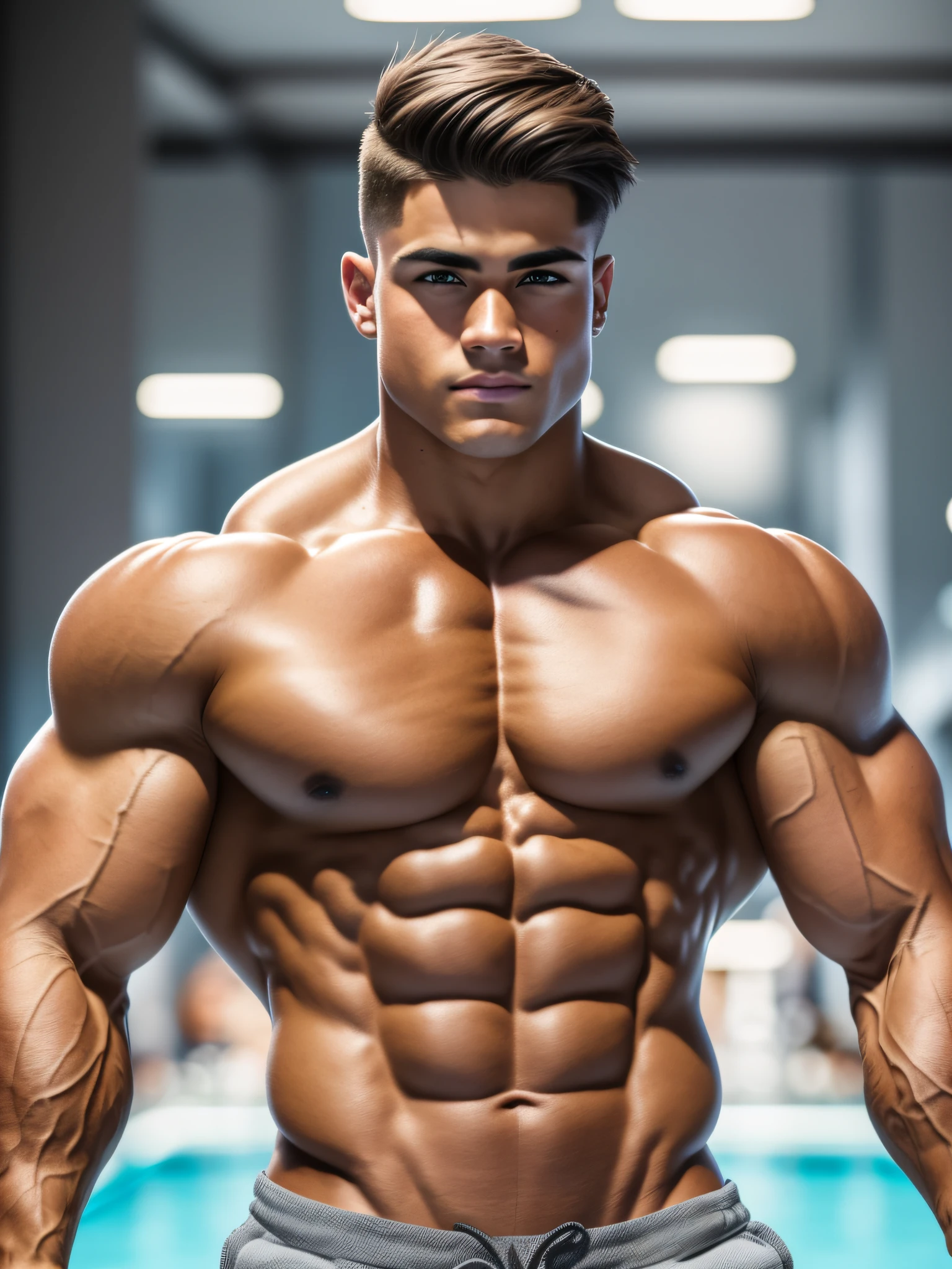 super buff and cool, 18 year fitness influencer (boyishly cute face with full, pouty lips strongly resembling Jake Burton) ((light five o’clock shadow, short brown haircut degrade)) ((very square-jawed)), steroid physique, boy bodybuilder, on steroids, sexy, (masterpiece:1.5), flawless tan, beautiful skin, handsome face, posing on by a pool (wearing heather gray colored shorts) at an NPC bodbuilding contest, classic bodybuilding pose, Nikon, anatomically correct, textured skin, best quality, 4K; nikon d850 film stock photograph, kodak portra 400 camera f1.6 lens, extremely detailed, amazing, fine detail, very intense action, hyper realistic lifelike texture, dramatic lighting, unrealengine, (instagram style), (reddit aesthetic)