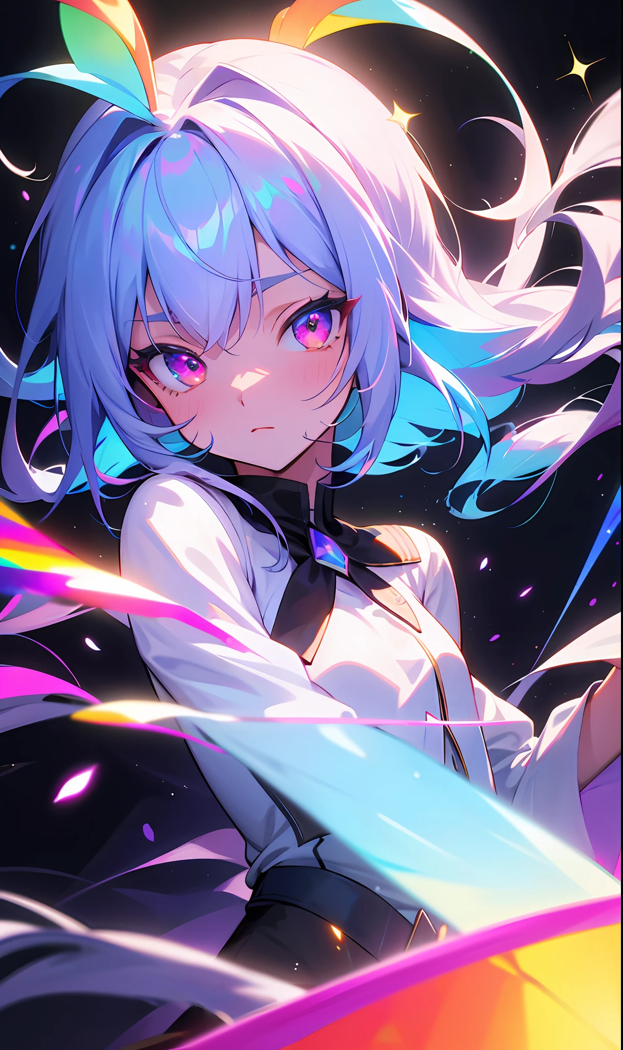 (Fine, Clear Image, Super Resolution, Extremely Amazing Detail, Awesome Detail), Subsurface Scattering, Masterpiece, Best Quality, High Quality, 1girl, Solo, Bust, Straight Vision, Prism Eye, Prism Hair, Prism, Serious, [Silver | White] + (Blue: -0.3) Hair, Blue + Red Eyes, Gradient Eyes, Multicolored Eyes, Calm, Small Tits, Uniform, Glow, Glow Eyes, Glow White Particles, Glitter, Bloom, Fantasy, Cave