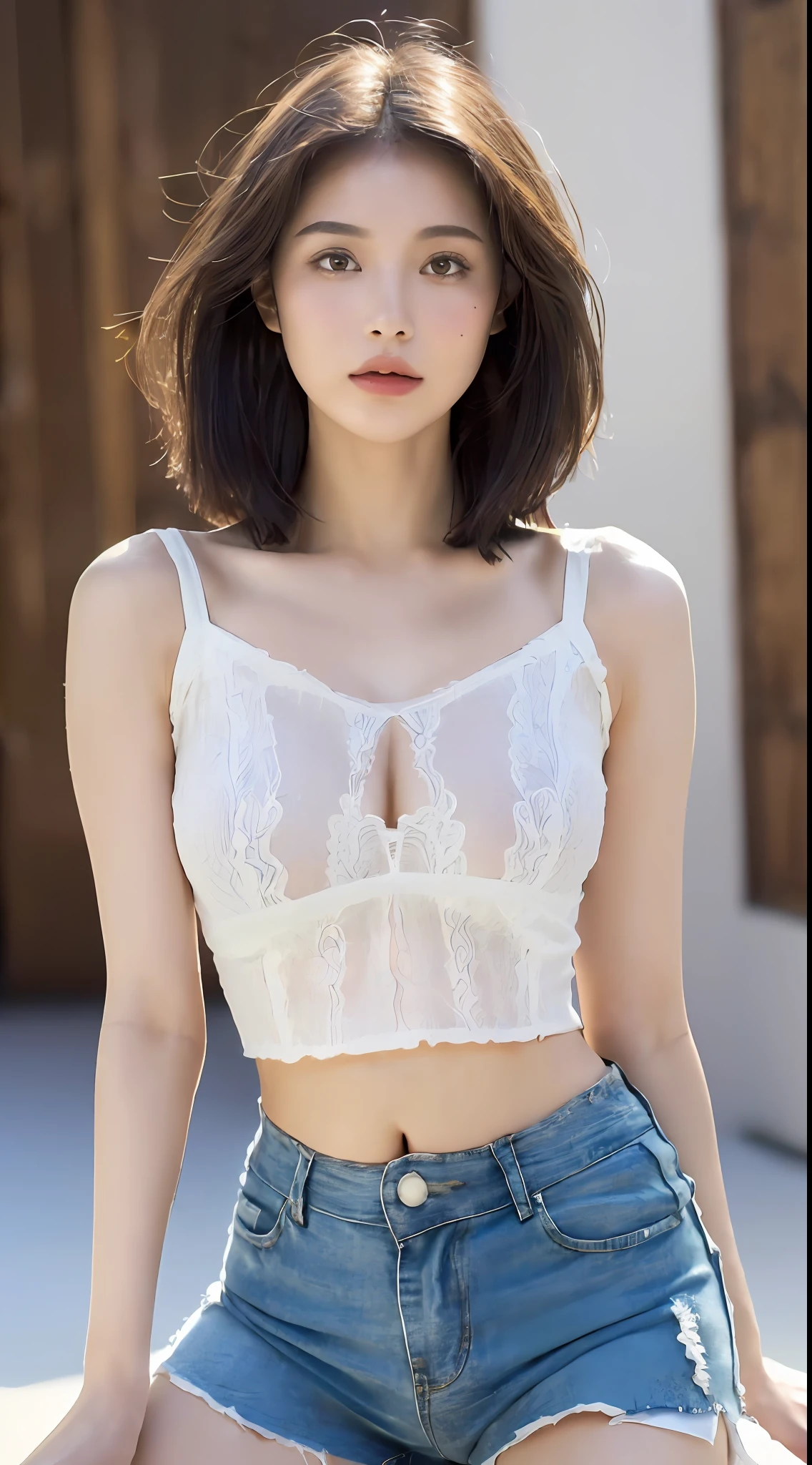 ((Top Quality, 8K, Sharp Focus, Perfect Body Beauty, Buttocks, (Layered Haircut, Highly Detailed Face and Skin Texture, Full Body, Delicate Eyes, Double Eyelids, Whitened Skin, Long Hair, (Loose Crop Top, Shorts: 1.6) Huge breasts. Delicately drawn face. Beautiful woman.
