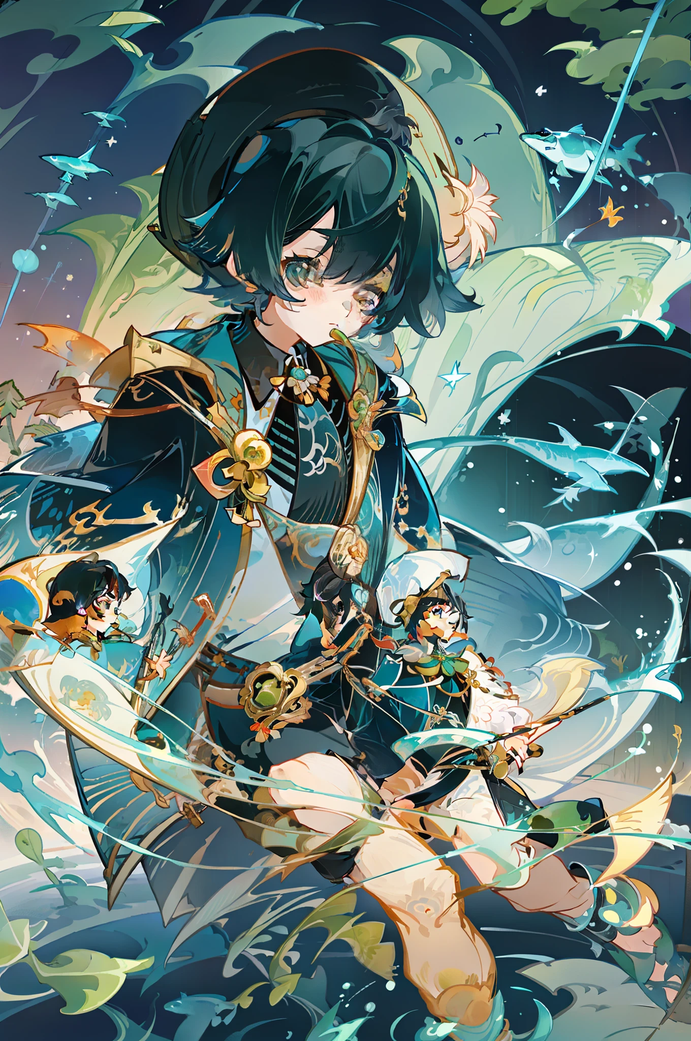 Black-haired male pupils, **********, short-sleeved shorts, wearing a long cape, a straw hat with two streamers and countless wind chimes, playing a green flute sitting on the back of a huge whale composed of water, leading more fish behind him, the picture is beautiful and the picture is dreamy