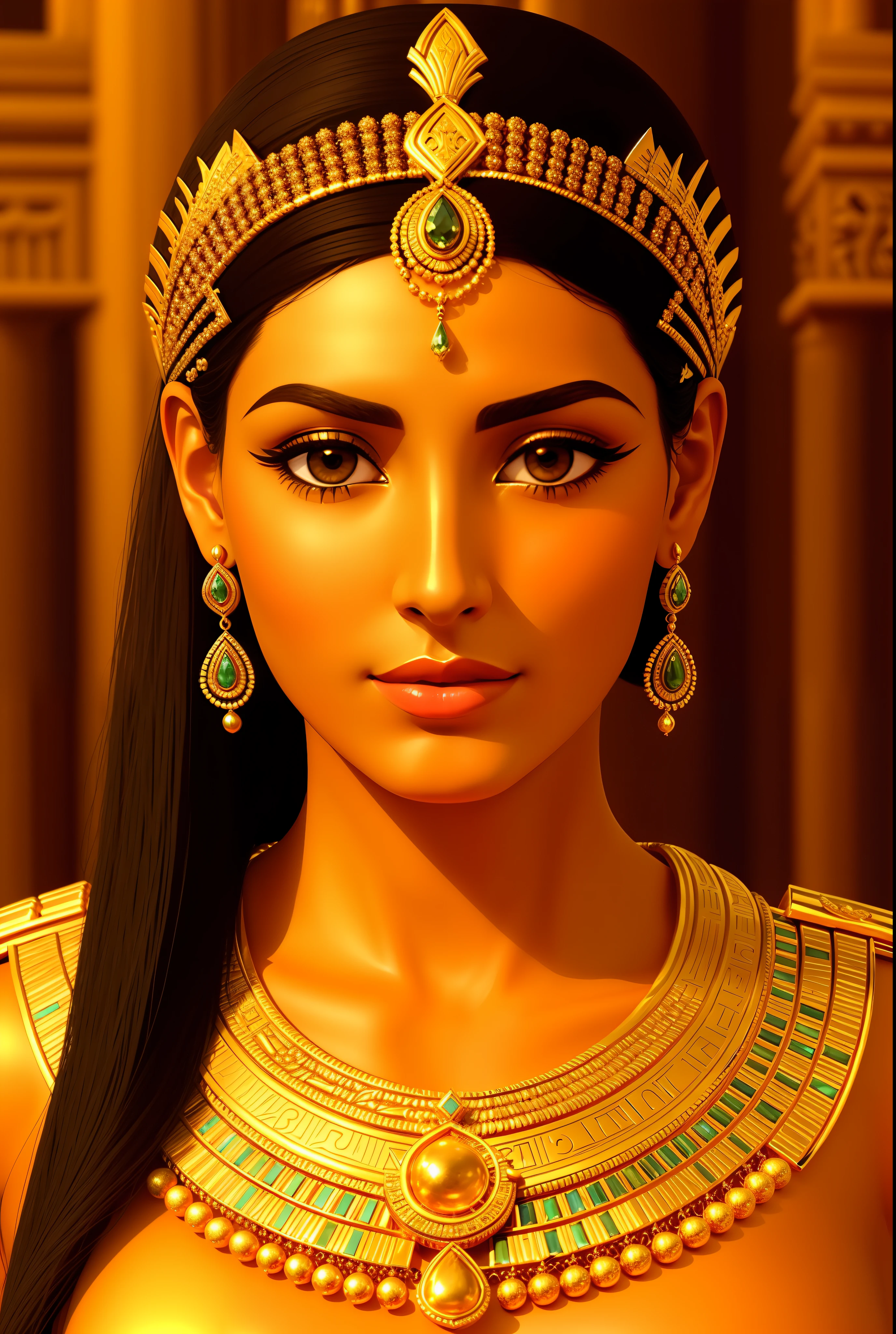 a close up of a woman wearing a gold necklace and earrings, egyptian princess, cleopatra portrait, beautiful cleopatra, ancient libu princess, goddess close-up portrait, portrait of a beautiful goddess, a beautiful fantasy empress, 3 d goddess portrait, a stunning portrait of a goddess, beautiful goddess, portrait of modern darna, cleopatra in her palace, golden goddess athena