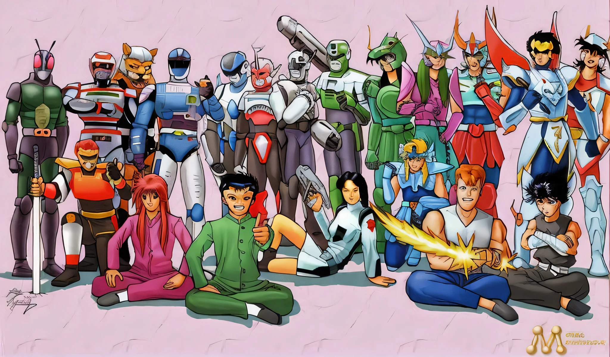 a group of cartoon characters posing for a picture with a pink background, 8 0 s cartoon, 90s comic book character design, 8 0 s anime, 80s anime, 90s cartoon, 80s anime ova style, the mekaverse, 8 0 s anime style, 1980's anime style, 8 0 s anime art style
