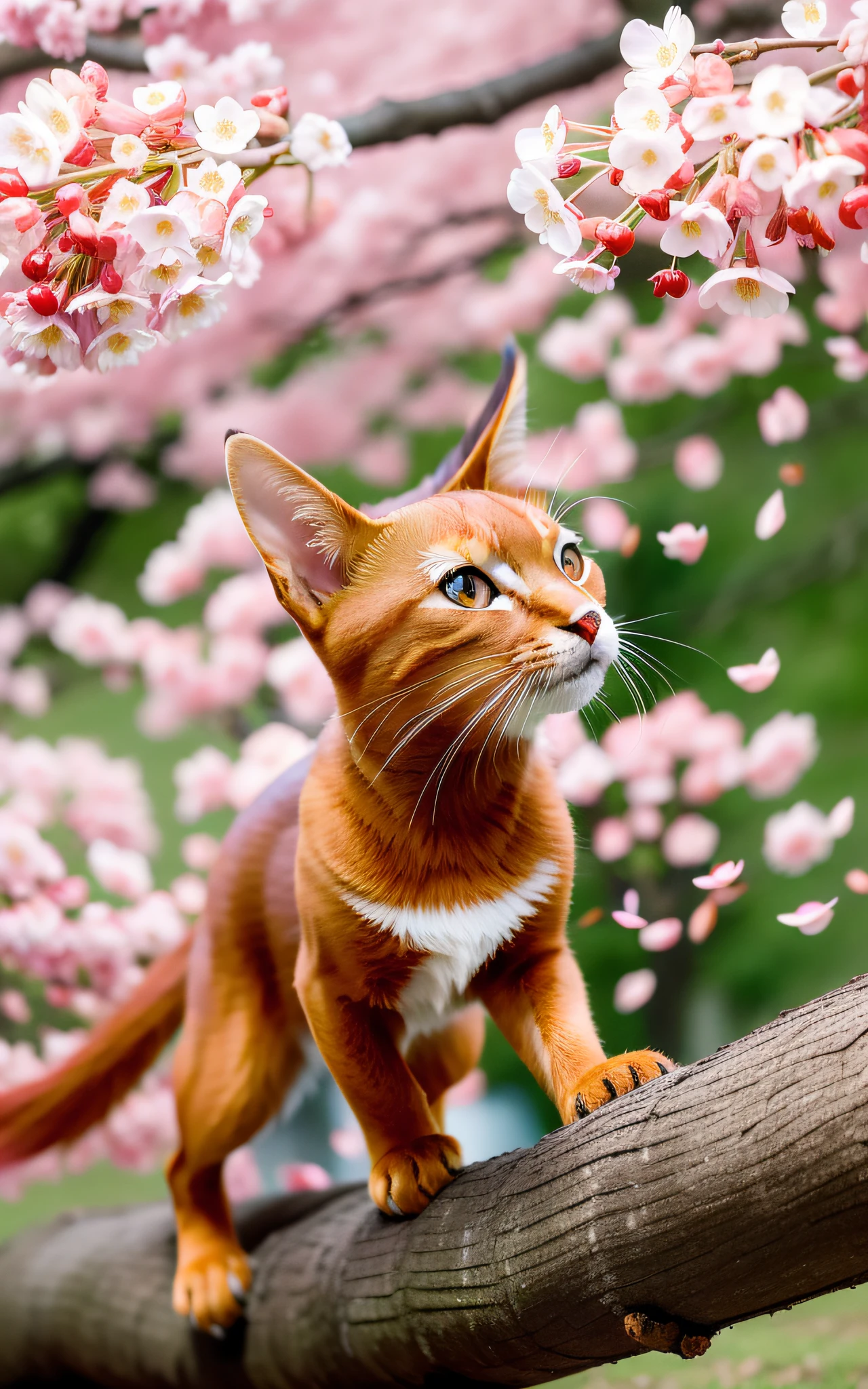 A fiery reddish-brown Abyssinian is chasing petals falling from a cherry blossom tree. Its active figure symbolizes the vibrant rebirth of spring