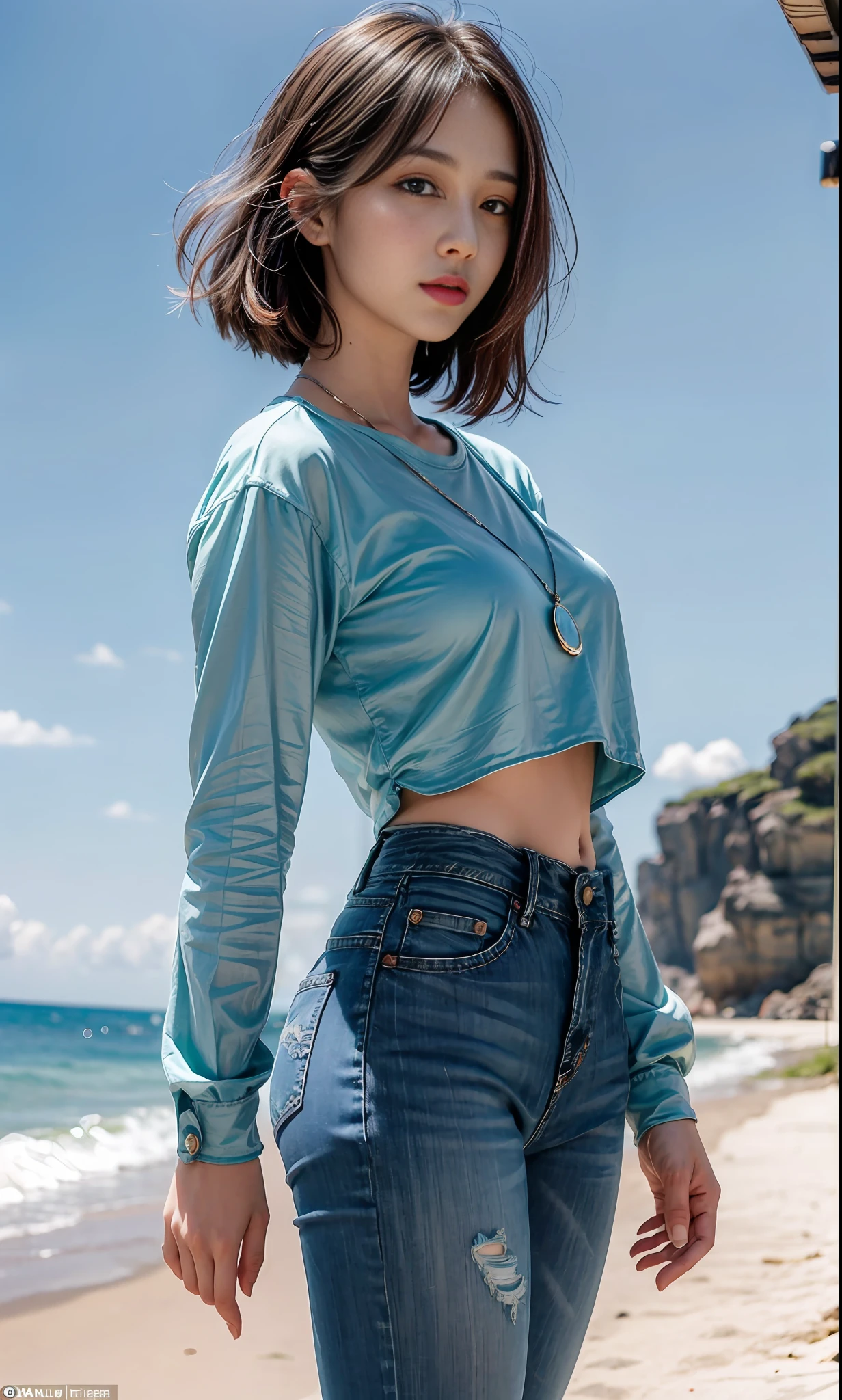 (8k, RAW photo, photorealistic:1.25) ,( lip gloss, eyelashes, glossy side, shiny skin, best quality, super high resolution, depth of field, chromatic aberration, caustic, wide light, natural shadow, Kpop idol) Watch the viewer with serenity and goddess-like happiness, short jeans, pink shirt, blue sky on background, (full body: 1.5), (magic circle: 0.8)