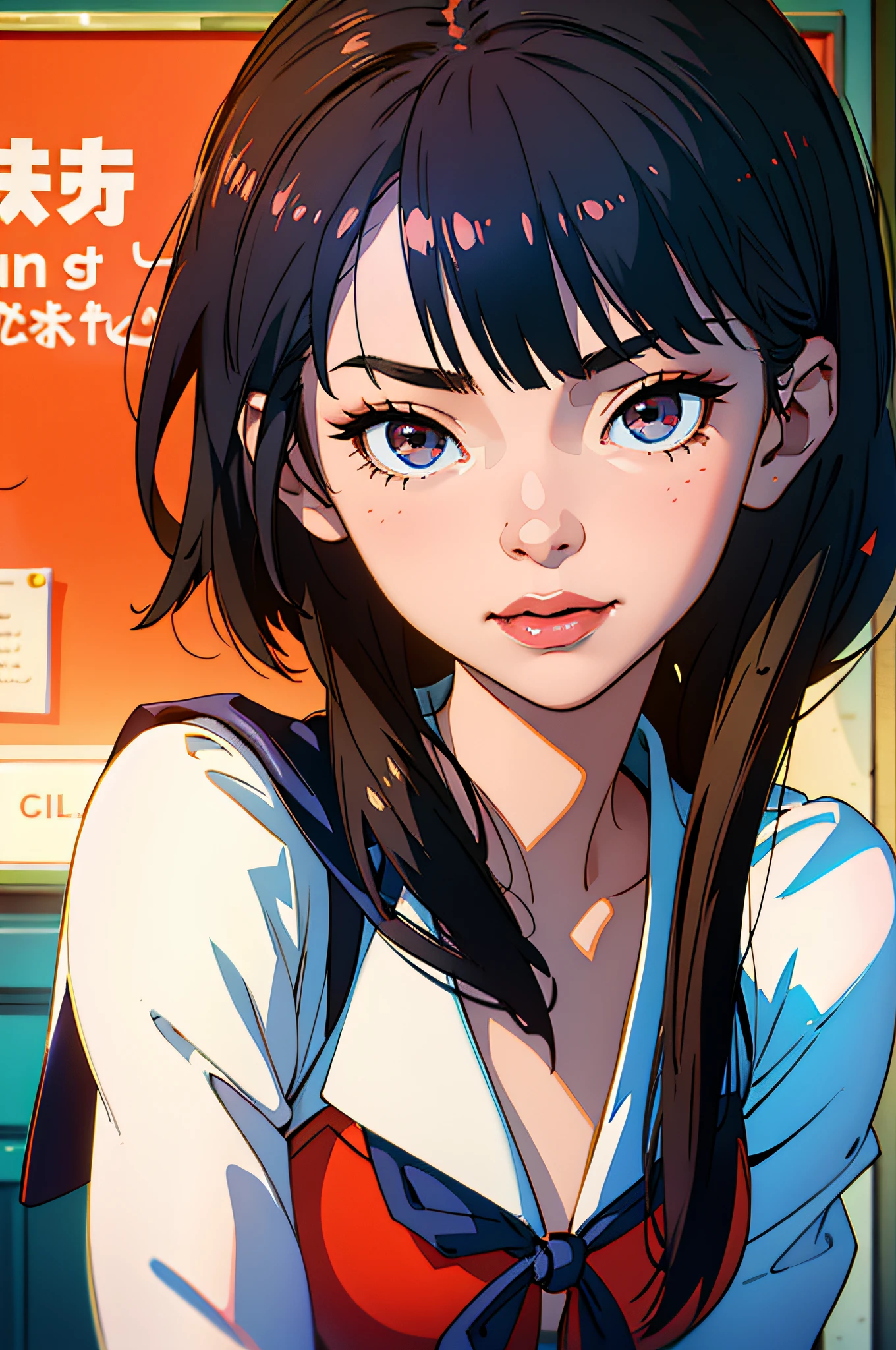 (extremely detailed CG unity 8k wallpaper, masterpiece, best quality, ultra-detailed), (best illumination, best shadow, an extremely delicate and beautiful) asuka, a bright smile on her face. She sits comfortably in her immaculate sailor school uniform, with a black short-cropped hair that frames her beautiful face perfectly. Her black eyes shimmer with delight as she proudly flaunts her navy sailor collar in the air.