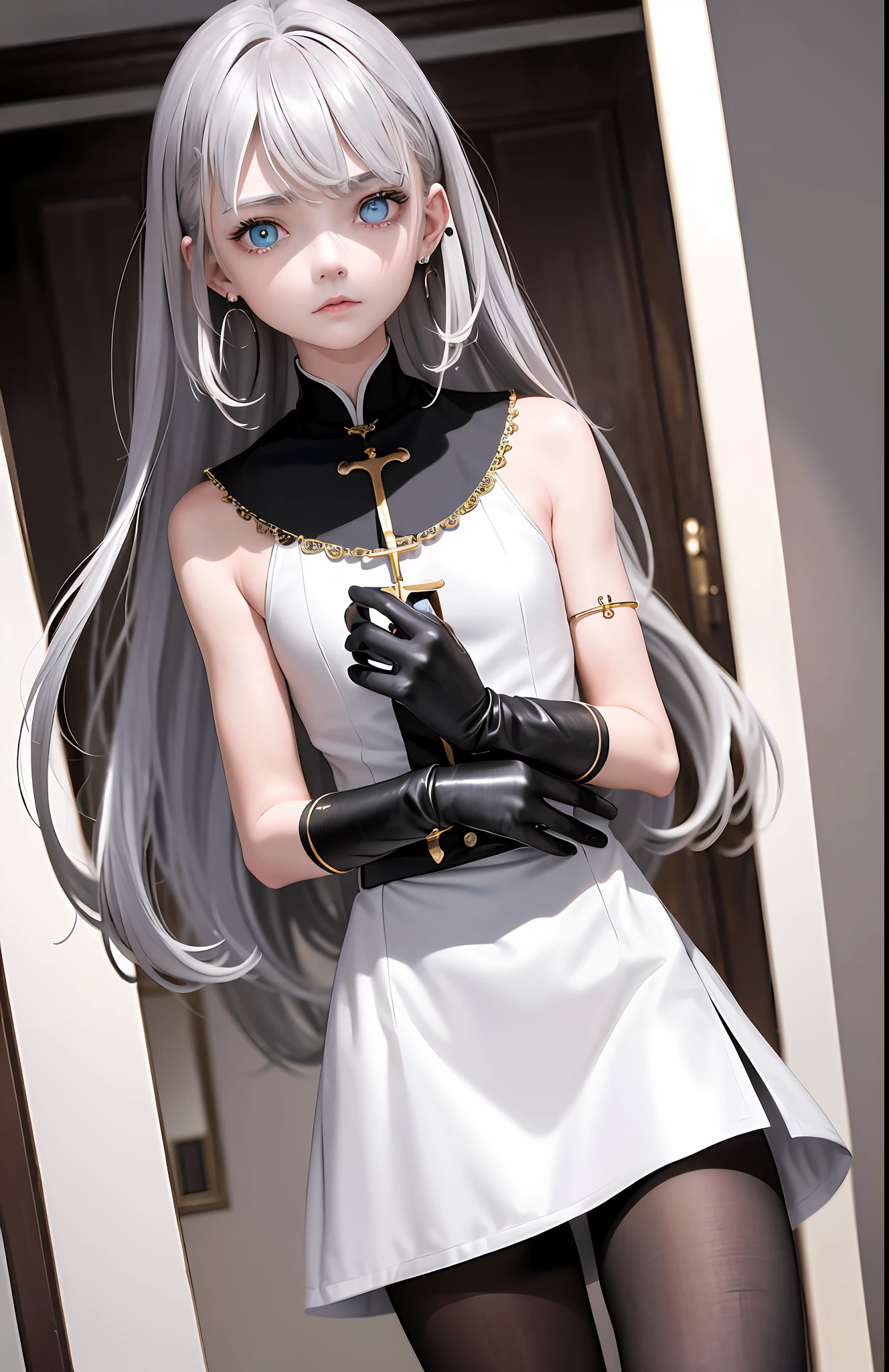 Best, Masterpiece, High Resolution, Best Quality, Ultra HD, Super Detail, Award-Limited, 16k, (Upper Body), Beautiful Girl, Gray Hair, Hair, ((Heterochromia)), Hanging Eye Corners, Fair Skin, (Small), (Slim Body), ((Cassock)), Stud Earrings, (Neck Rings), (Very, Very Short Gloves)