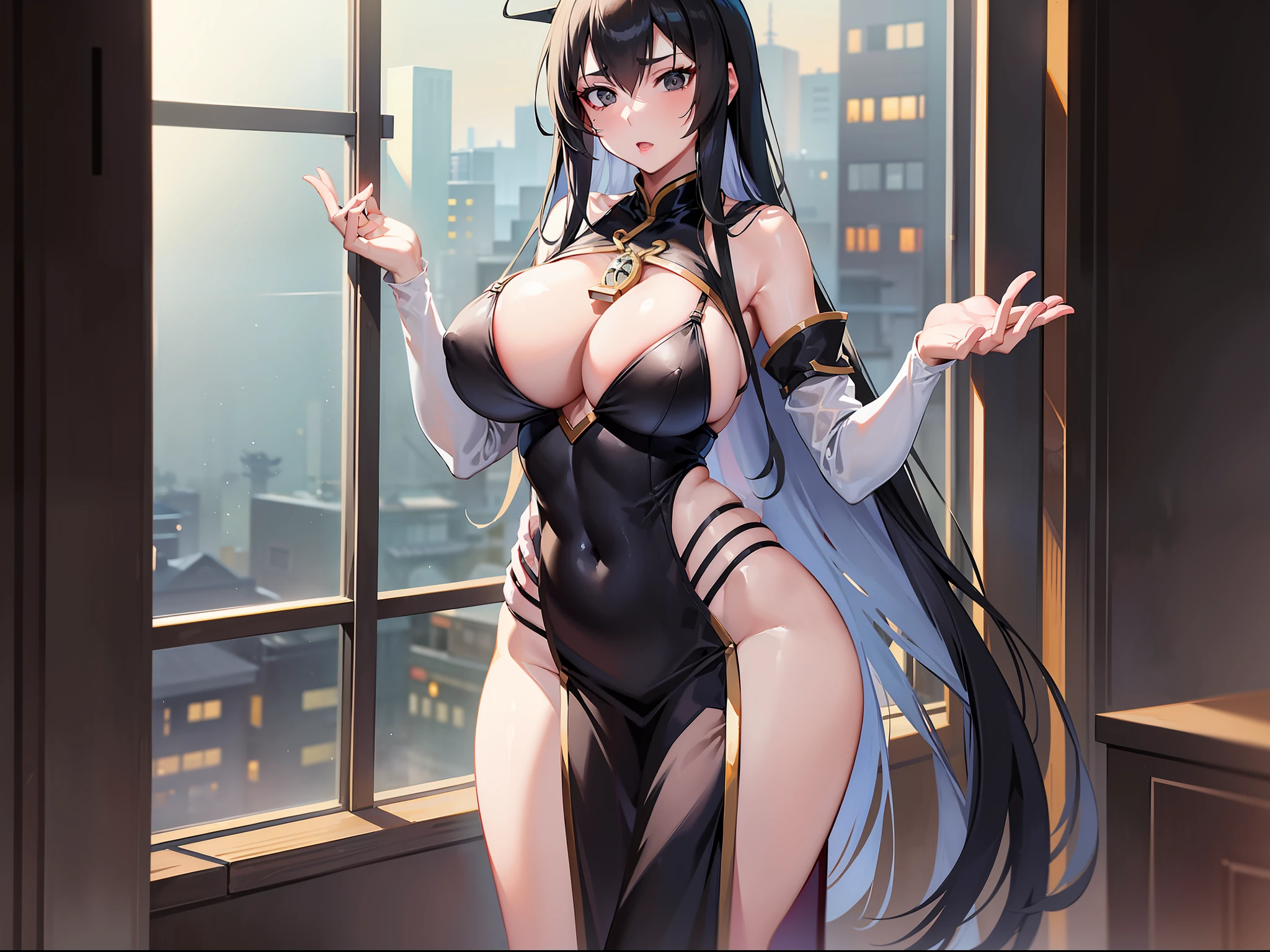 1 young adult woman, tall, nagato(Kantai collection) body, huge breasts, erect tits, white skin, 1 beautiful belly button, beautiful body, 2 human hands, five fingers, very long black straight hair, black long chinese dress, standing style, hand on waist, luxury restaurant, large window, midnight, night view, black eyes, Masterpiece