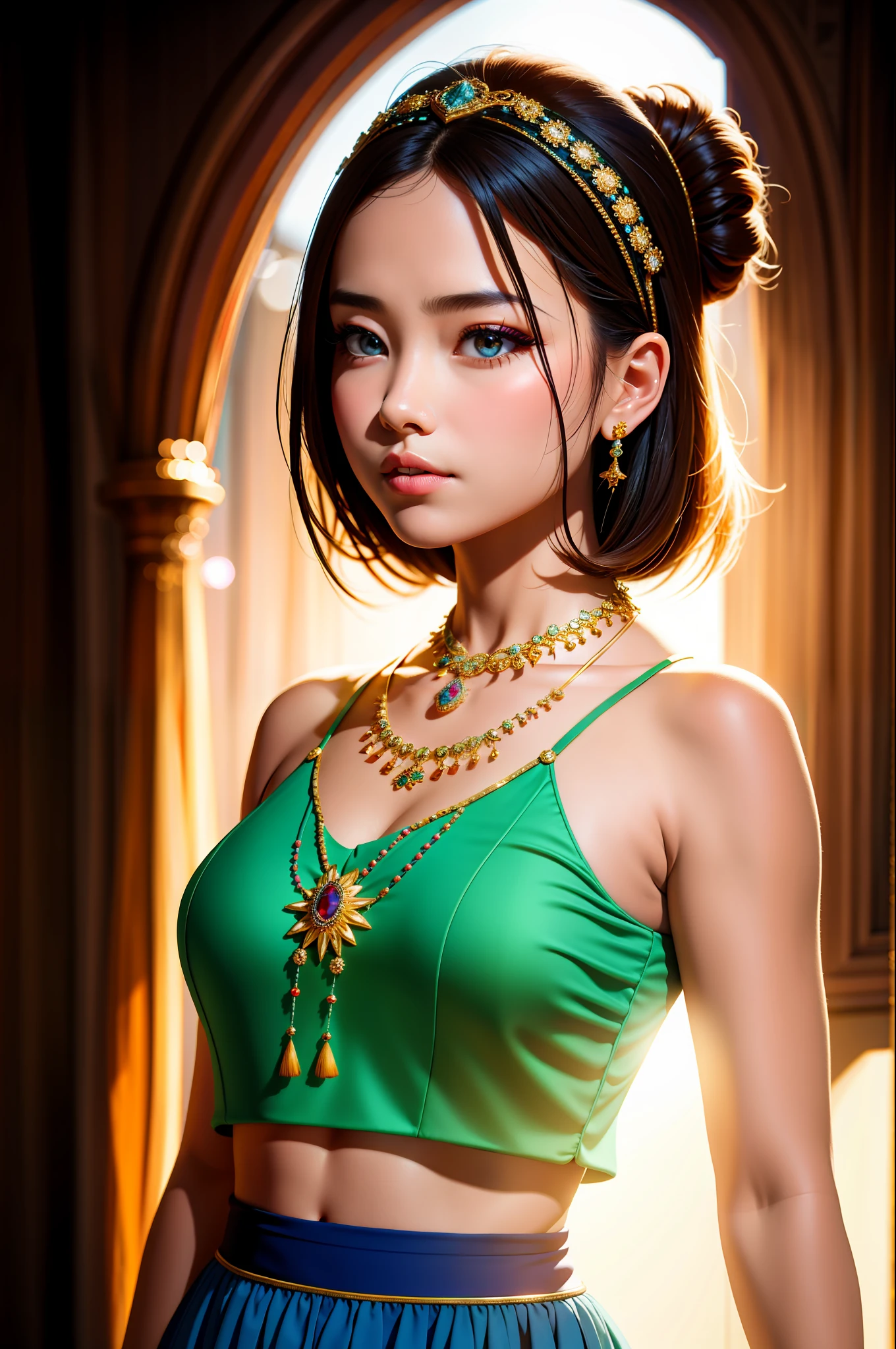 Best quality, masterpiece, high resolution, 1girl, porcelain skirt, hair accessories, necklace, jewelry, beautiful face, body, Tyndall effect, realistic, dark studio, edge lighting, duotone lighting, (high detail skin: 1.2), 8k uhd, DSLR camera, soft lighting, high quality, volumetric lighting, peek, photo, high resolution, 4k, 8k, background bokeh,