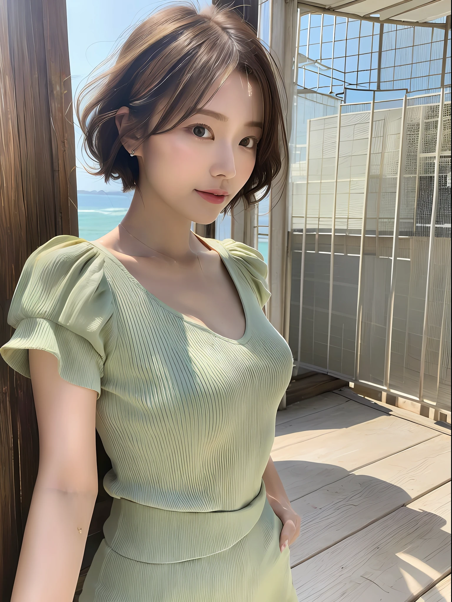 (8k, highest quality, masterpiece: 1.2), (hair_style), (realistic, photorealistic: 1.37), highest quality, masterpiece, in the summer sunshine, sky and sea view, shot on wooden deck, [small breasts], backlight, shooting from waist up, camera angle from bottom to top, pose with hair raked up with hands, shot in natural light from morning to noon, Hairstyles and fashion styles that match the Japan trends of 2023, realistic, super detailed, 30s, actress, half Japanese and Russian half model, elaborate CG, slender, adorable, hairstyle matches the fashion of Japan in 2023 short bob cut fluttering in the wind, delicate skin type, fine details and softness, model hair color is bright and soft, Choose a short-length T-shirt that matches the summer trends of 2023 and pair it with pale pastel colors for surf fashion.