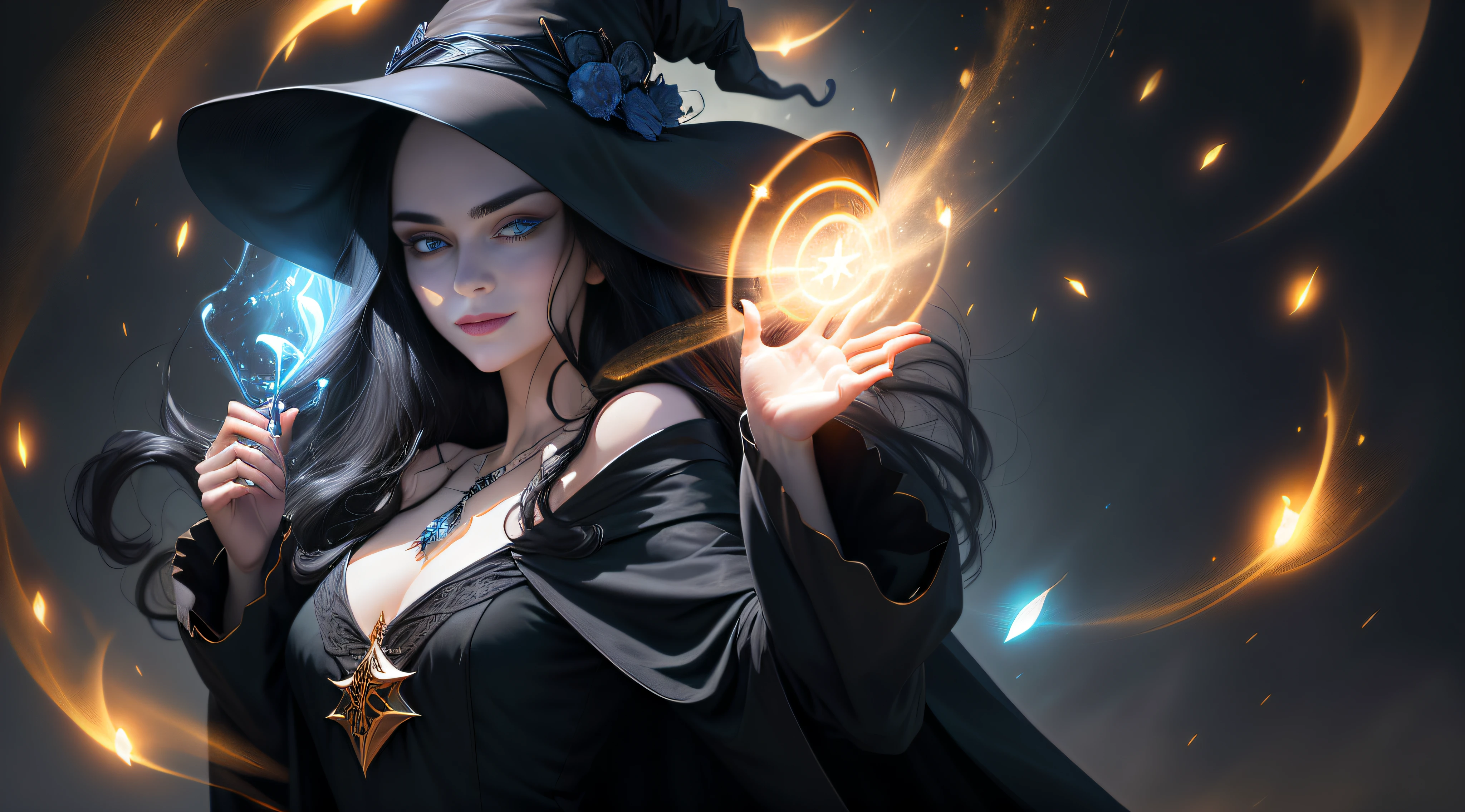Face of perfect proportions, realistic expression, large face, long black hair, witch hat, blue eyes, pale white skin, beautiful woman in black robes with intricate decorations, witch, confident expression (dynamic angle, dazzling blue eyes, delicate necklace, charming smile), (magical mystical background, fireflies, glowing yellow particles, ethereal fog, faint darkness), high saturation, movie light, edge light, best shadow, night cityscape