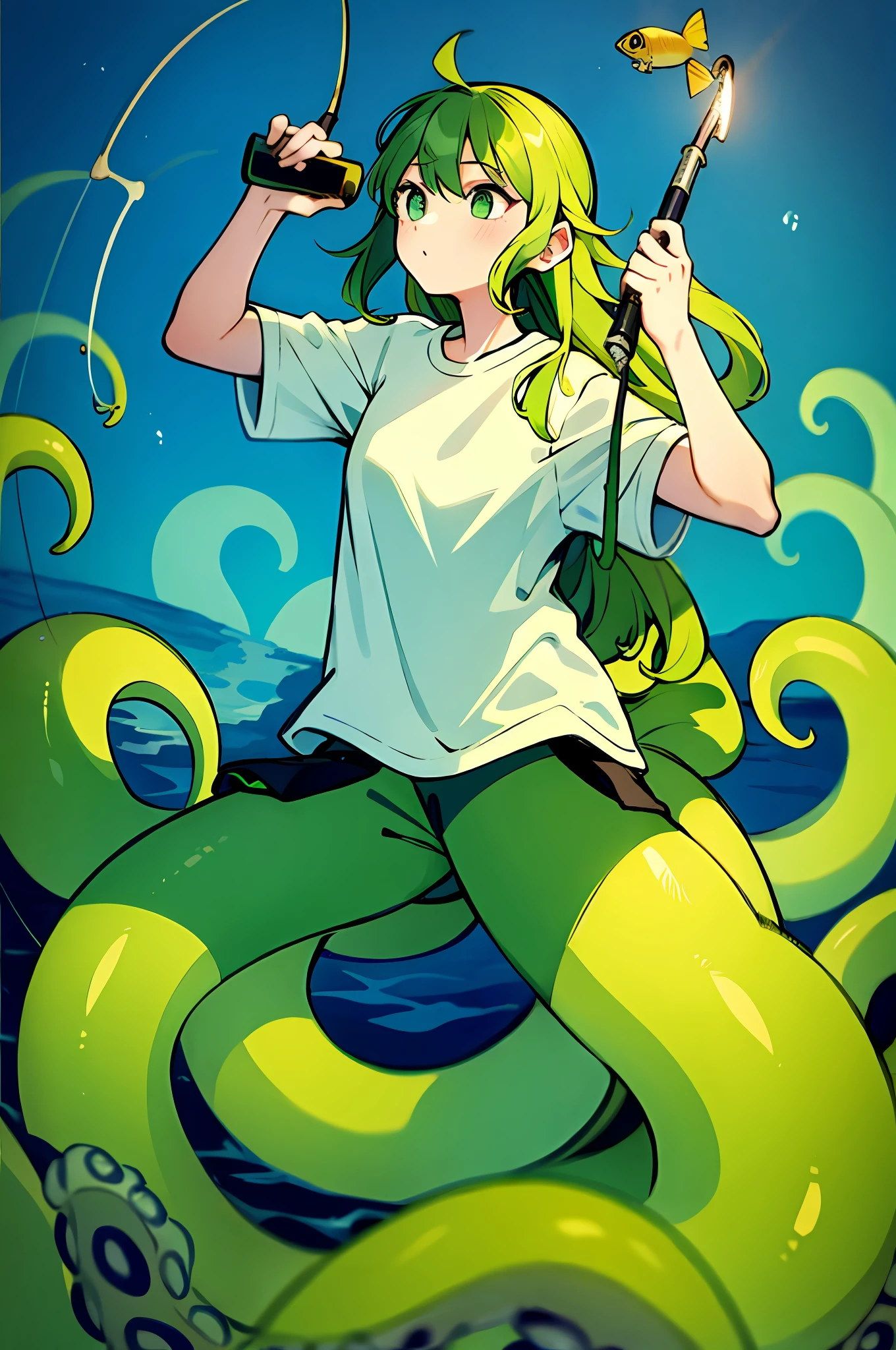 1girl with light green hair wearing a shirt, Scylla, masterpiece, best quality, long hair, holding a fishing rod