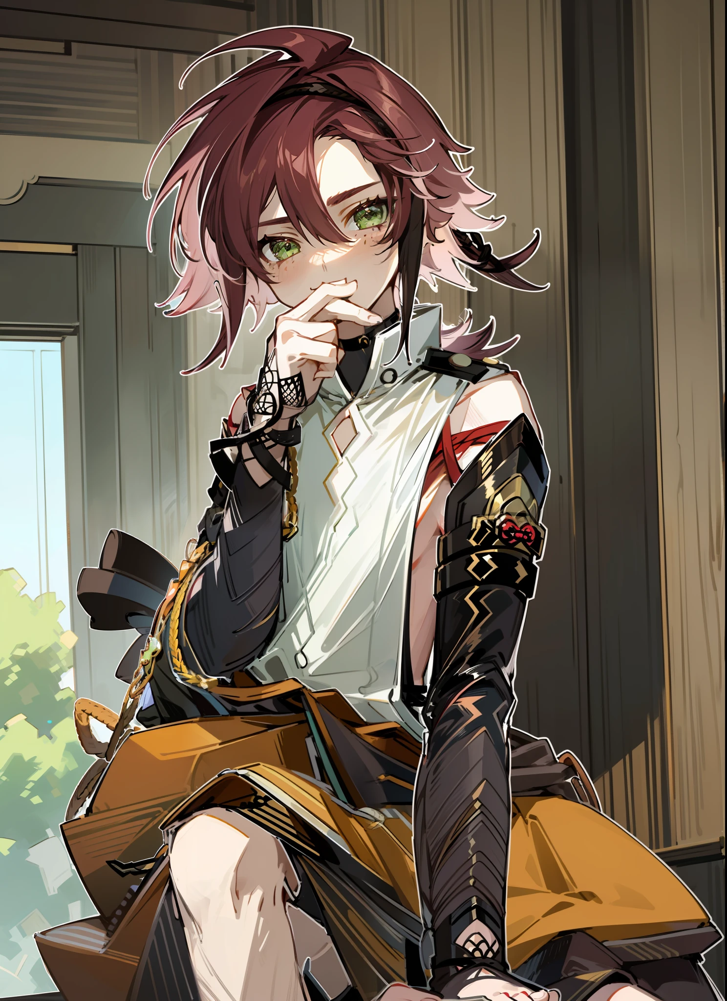 ((highest quality, masterpiece, 4k, finely detailed, detailed eyes, detailed face, intricate details, pixiv, gelbooru)), ((solo)), male focus, 1boy, Shikanoin_Heizou (Genshin_Impact), dark red hair, bright green eyes, slender feminine frame, male, sitting on floor, submissive pose, submissive expression, looking at viewer, blushing, smirking, eyebrows arched