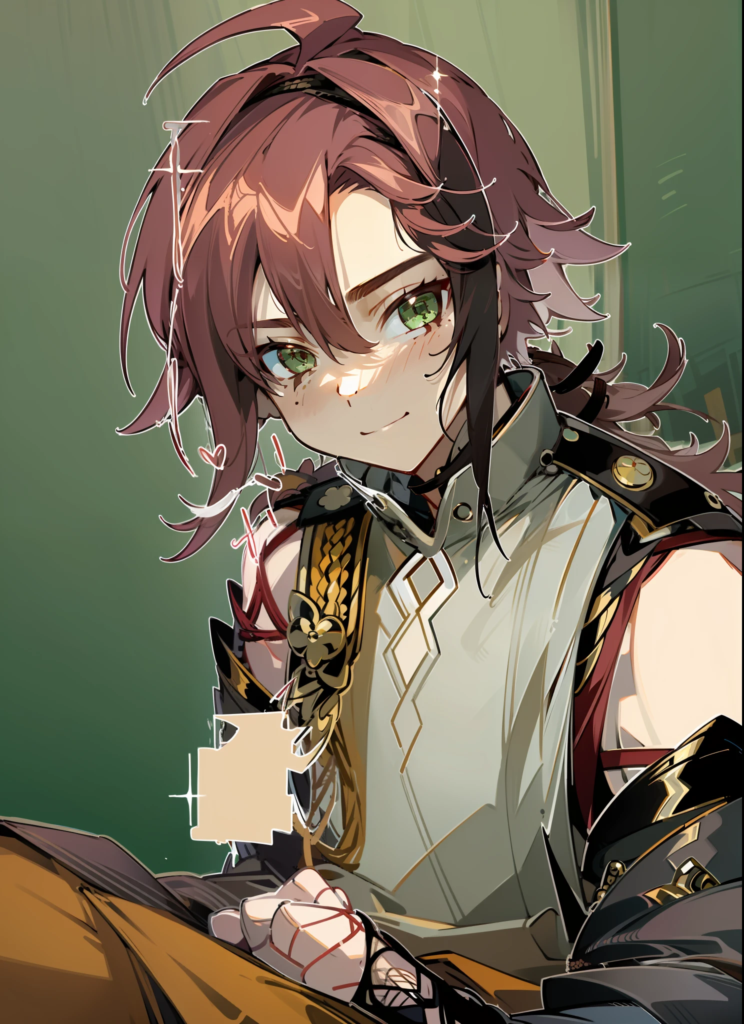 ((highest quality, masterpiece, 4k, finely detailed, detailed eyes, detailed face, intricate details, pixiv, gelbooru)), ((solo)), male focus, 1boy, Shikanoin_Heizou (Genshin_Impact), dark red hair, bright green eyes, slender feminine frame, male, sitting on floor, submissive pose, submissive expression, looking at viewer, blushing, smirking, eyebrows arched