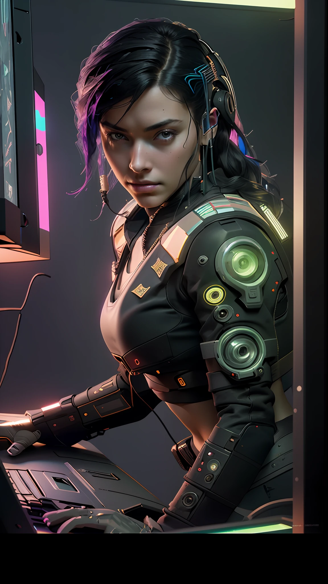 ((Best Quality)), ((Masterpiece)), (Highly Detailed:1.3), 3D, Beautiful (Cyberpunk:1.3) Woman hacker with thick voluminous hair operating a computer terminal, computer servers, LCD screens, fiber optic cables, corporate logos, HDR (High Dynamic Range), Ray Tracing, NVIDIA RTX, Super-Resolution, Unreal 5, Subsurface Scattering, PBR Texturing, Post-processing, Anisotropic Filtering, Depth of Field, Maximum Clarity and Sharpness,  Multilayer textures, Albedo and specular maps, Surface shading, accurate simulation of light-material interaction, perfect proportions, Octane Render, two-tone lighting, low ISO, white balance, rule of thirds, wide aperature, 8K RAW, efficient sub-pixel, sub-pixel convolution, luminescent particles, angle