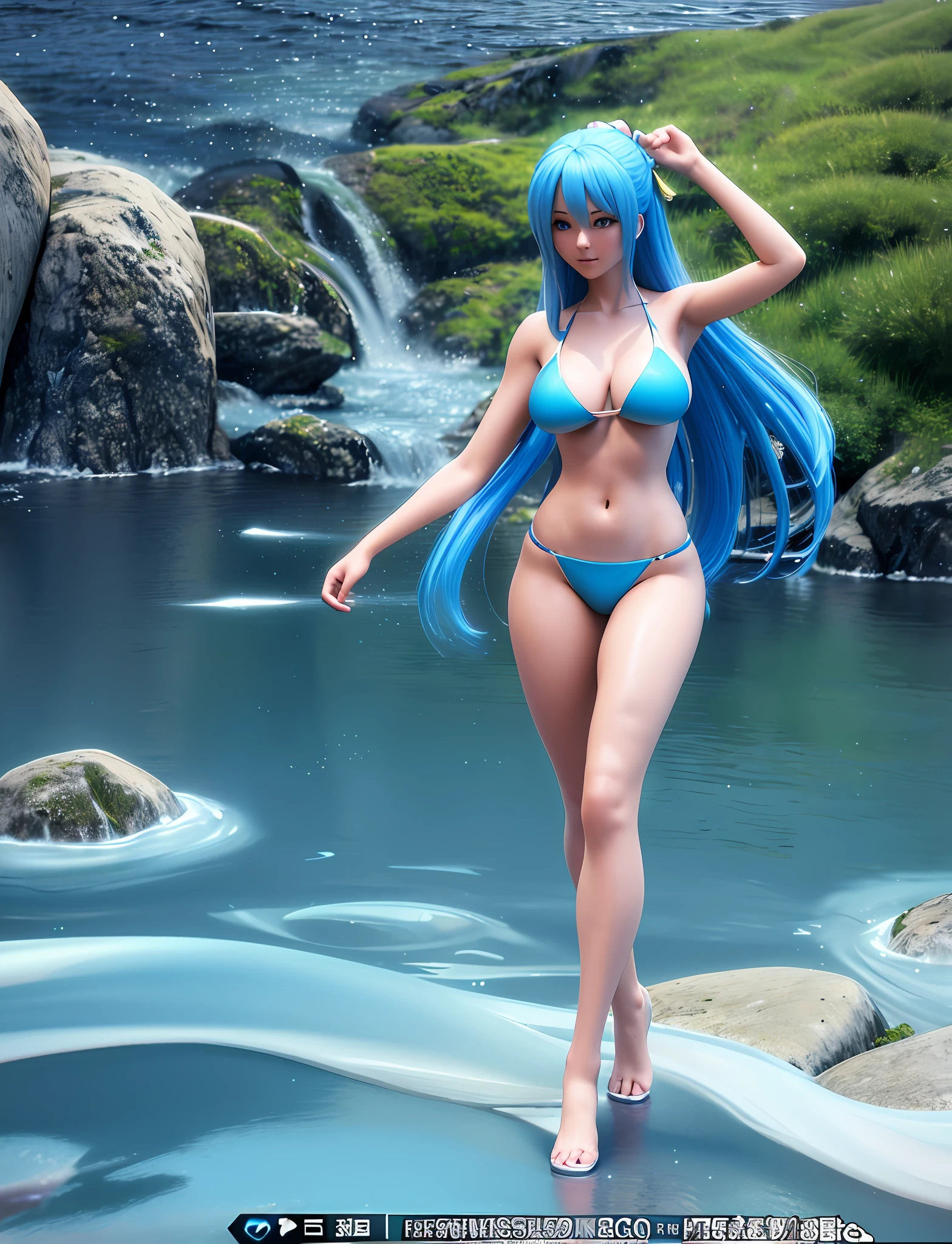 A closeup of a woman with long blue hair and a blue bikini, blue eyes, 8K High quality detailed art, 3D render 8K character art, water fairy, realistic bikini, asian female body, 3D style anime, 3D realistic anime, water goddess, 3D anime girl, Konosuba anime Aqua cosplay